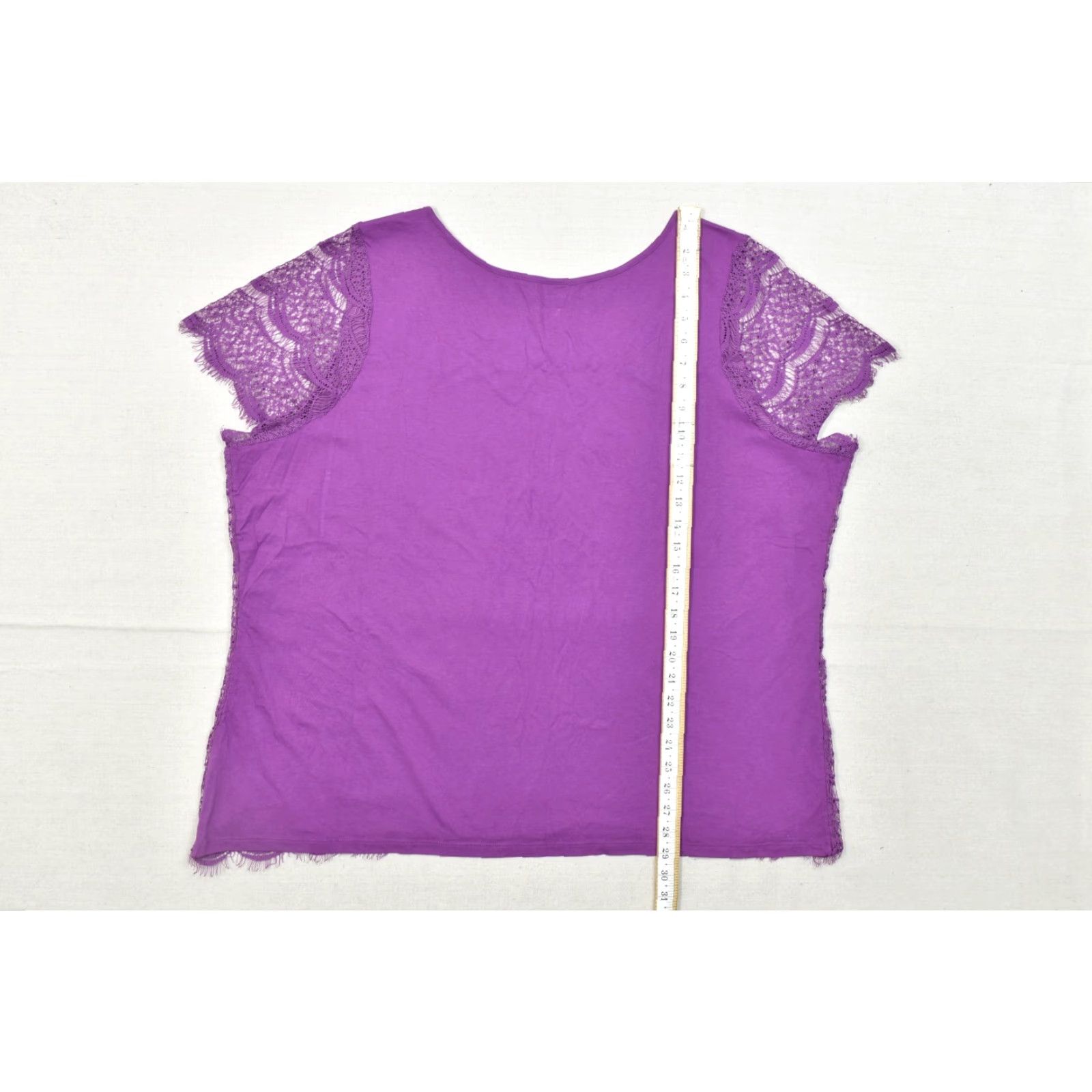Vintage Lane Bryant Blouse Women 24 Plus Purple Lace Front Short Sleeve Knit Back Casual Top Size 4XL / US 24-26 - 4 Thumbnail