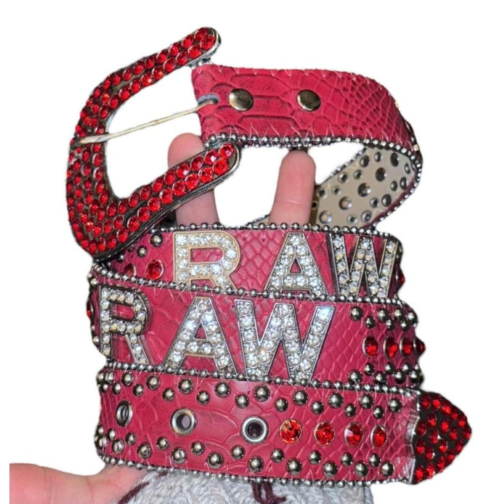 Other RAW Red/Pink Rhinestone Studded Western Belt Leather Y2K Size ONE SIZE - 1 Thumbnail