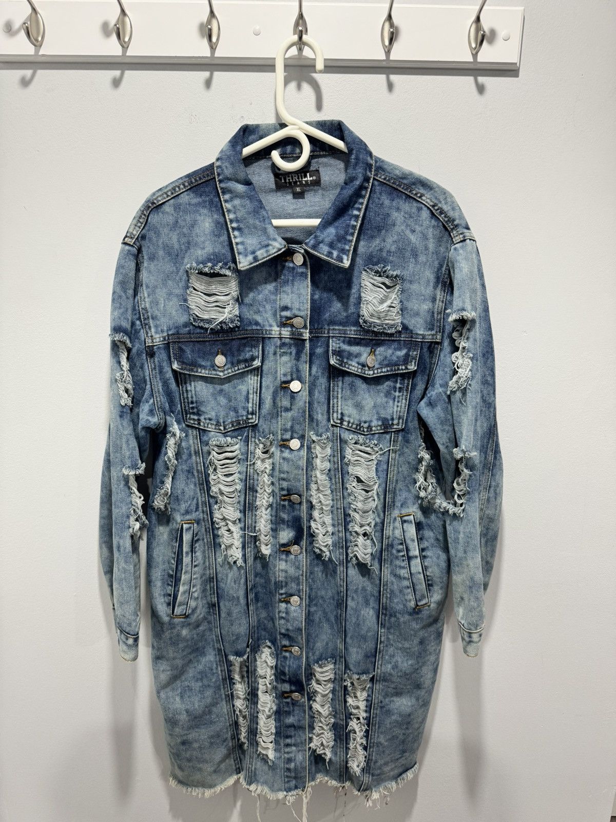 THRILLS Thrashed grunge distressed Y2K long duster denim jacket M Size XL / US 12-14 / IT 48-50 - 1 Thumbnail
