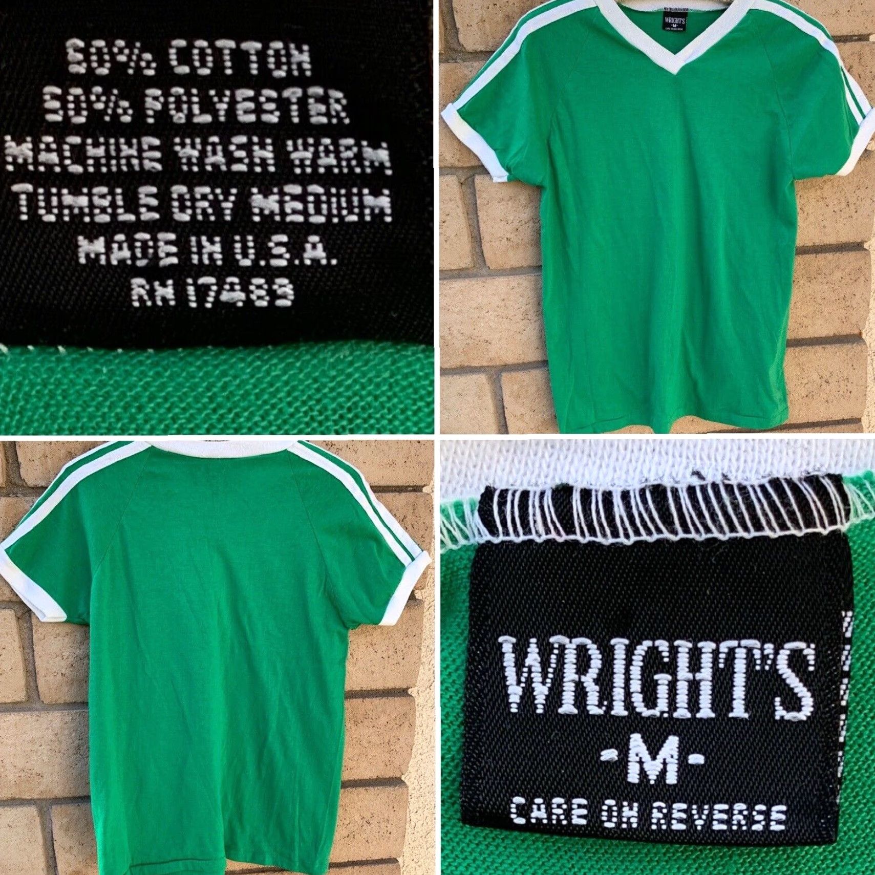 Vintage VINTAGE Wrights T Shirt Short Sleeve V Neck Ringer Tee Made In USA Size M Green Casual Mens Vintage 50% cotton 50% polyester) Size US M / EU 48-50 / 2 - 2 Thumbnail