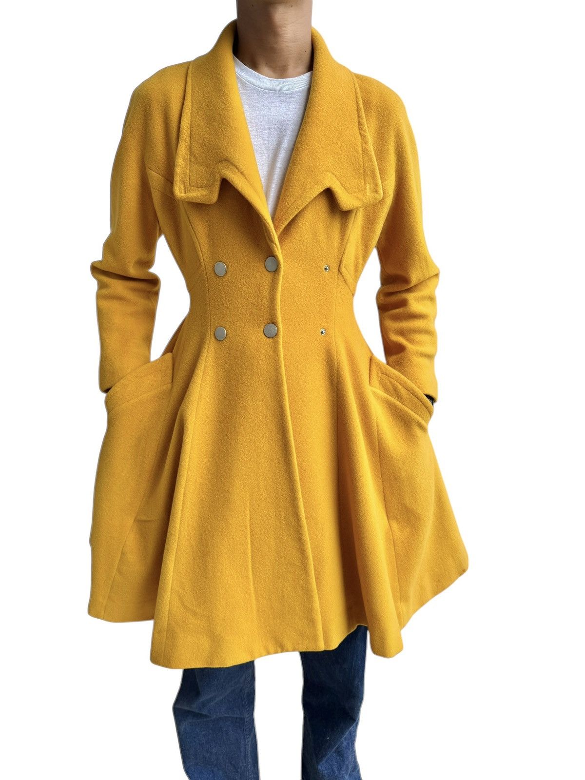 Mugler 🔥Rare Vintage 80s Thierry Mugler Mustard Yellow Wool Coat Size M / US 6-8 / IT 42-44 - 16 Thumbnail