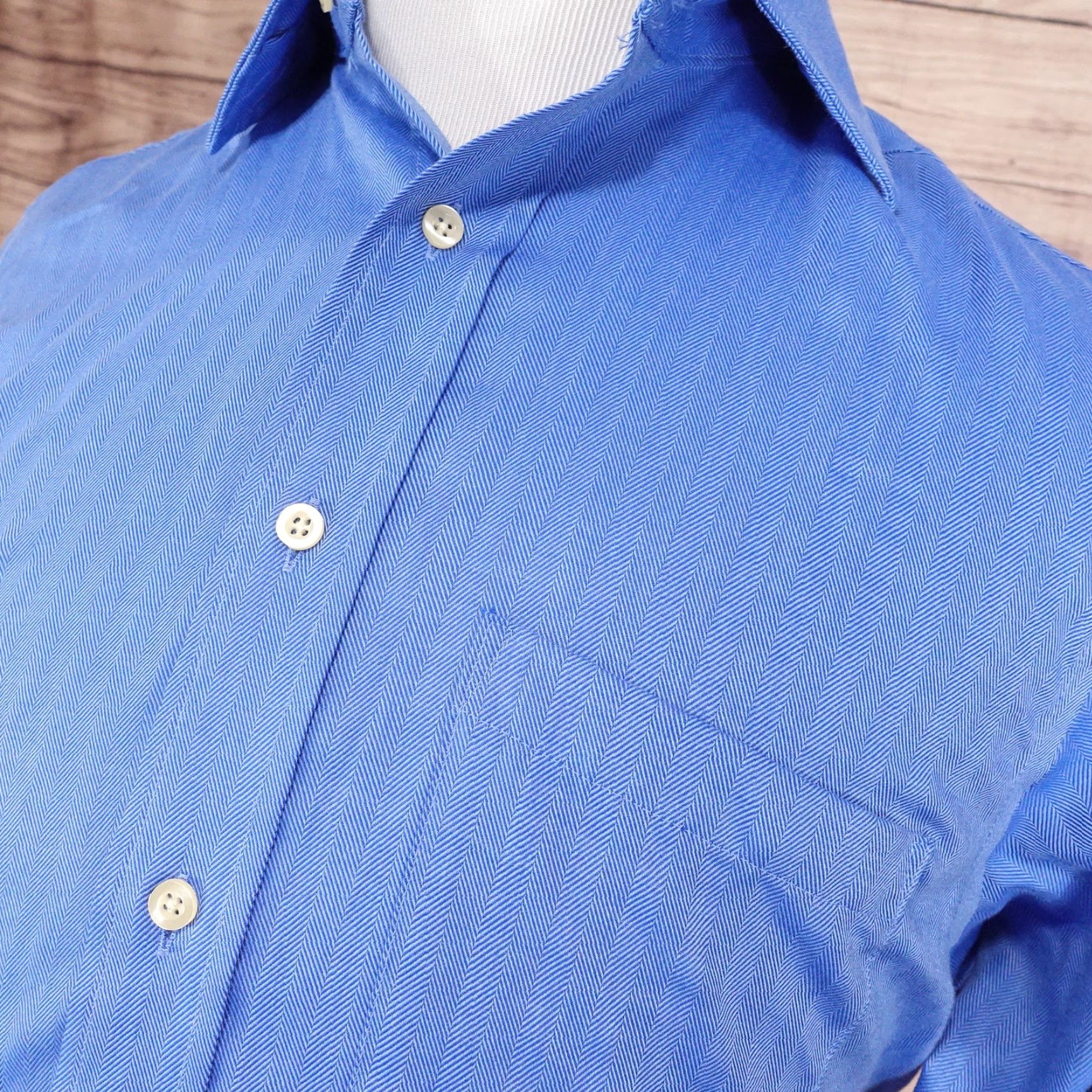 Chaps Vintage Chaps Men's Dress Shirt - Blue Herringbone, Cotton, Regular Fit, Long Sleeve, Collared, Button-Front, Size 15.5 Size 40R - 2 Thumbnail