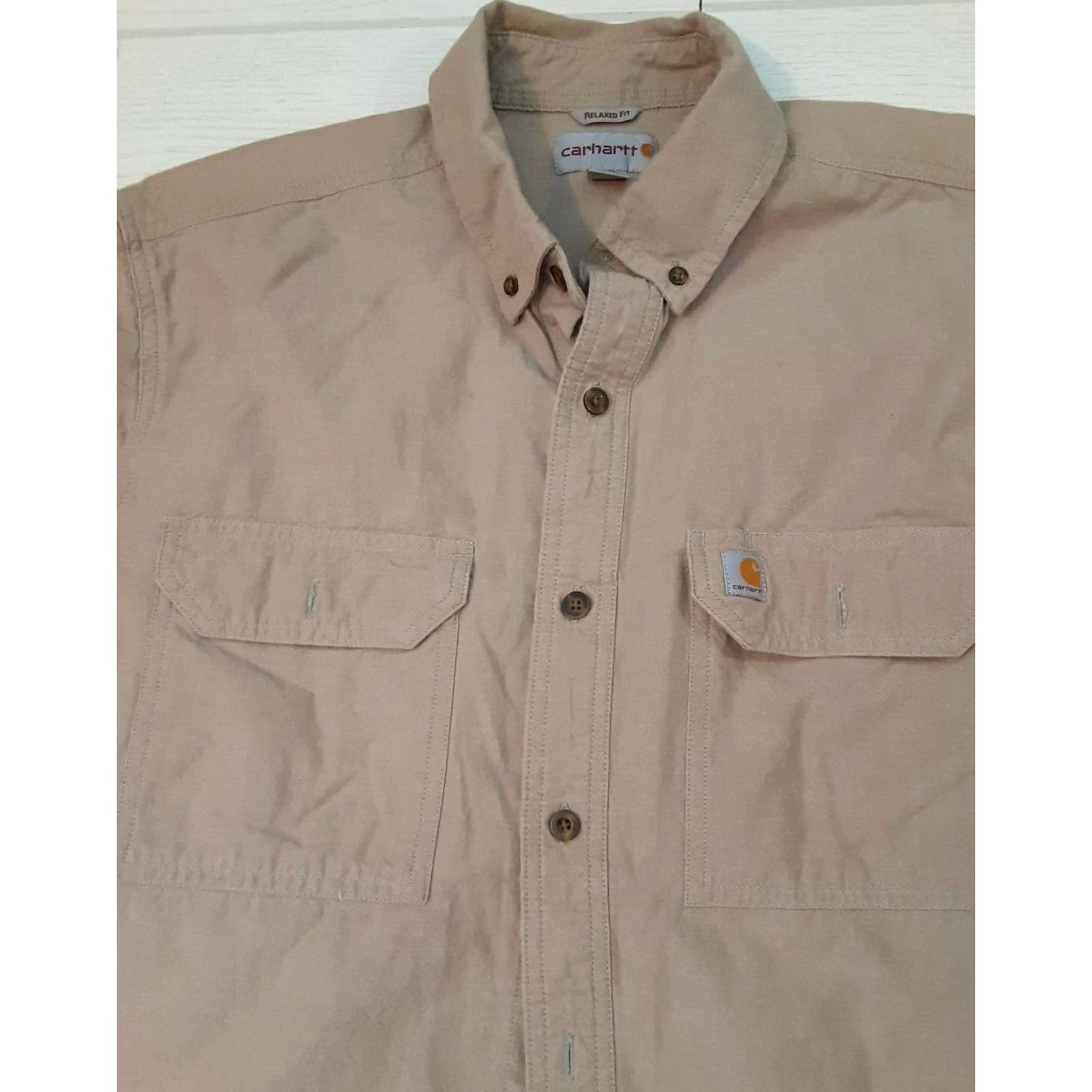 Carhartt VINTAGE Carharrtt Short Sleeve Full Button Working Shirt LG Men Khaki 90s Pockets Size US L / EU 52-54 / 3 - 4 Thumbnail