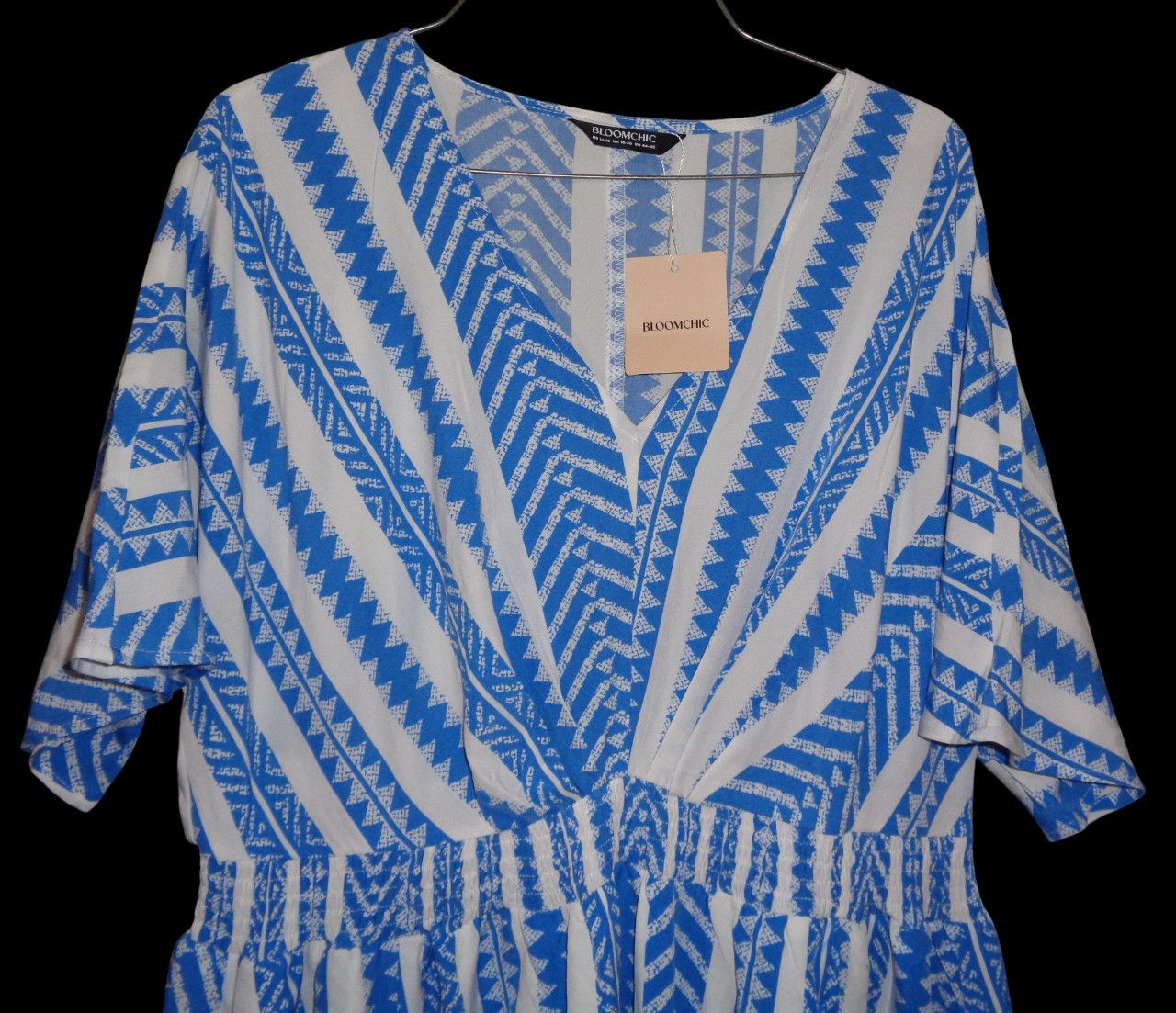 Other Blue White VNeck Dress 1X 14-16 Shirred Long Maxi Pockets Size XL / US 12-14 / IT 48-50 - 2 Thumbnail
