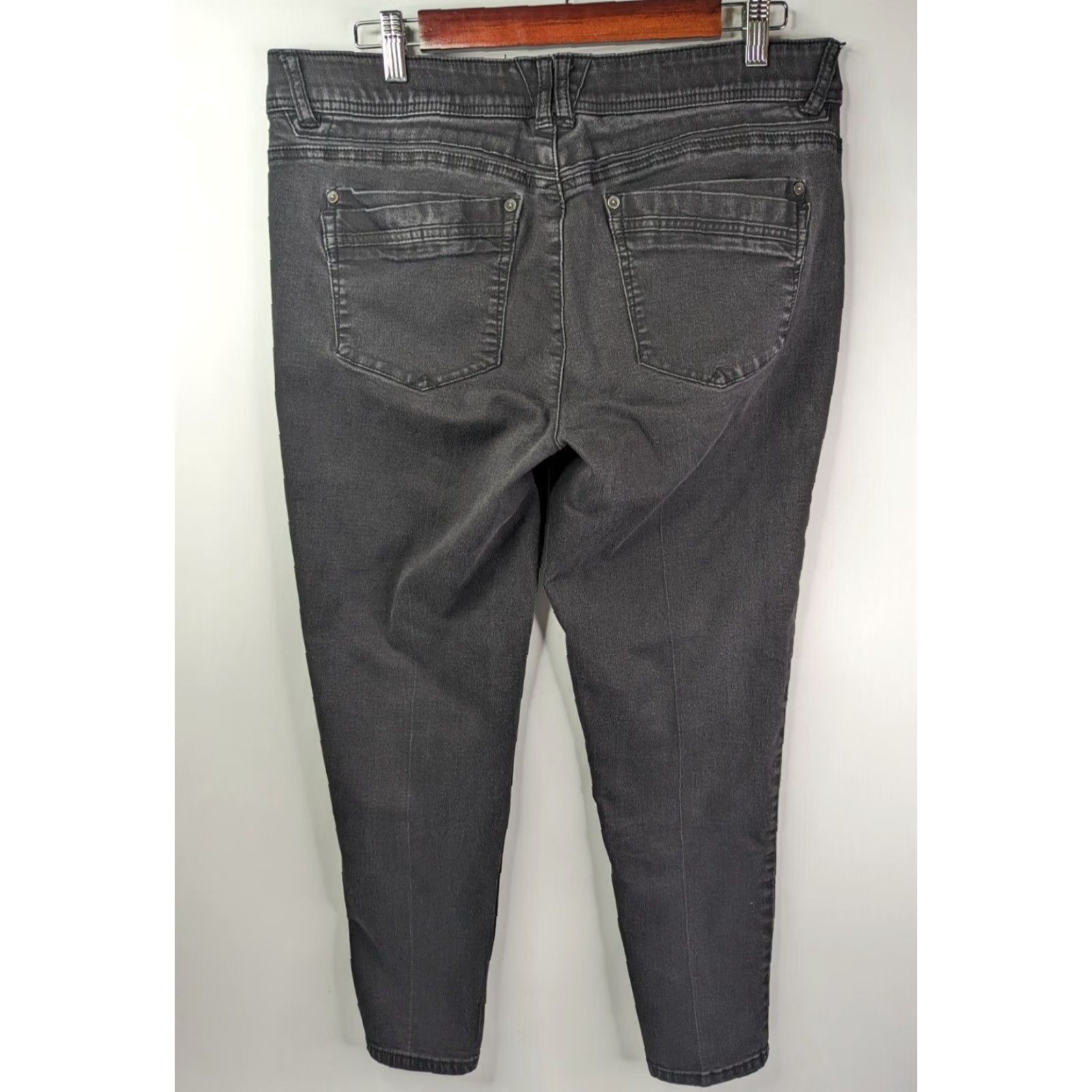 Vintage Democracy Jeans Women's 12 Black Denim Skinny Elastic Waist Belts Loops Pockets Zipper Logo Button Mid Rise Cotton Blend Lycra Spandex Size 34" / US 12 / IT 48 - 4 Thumbnail