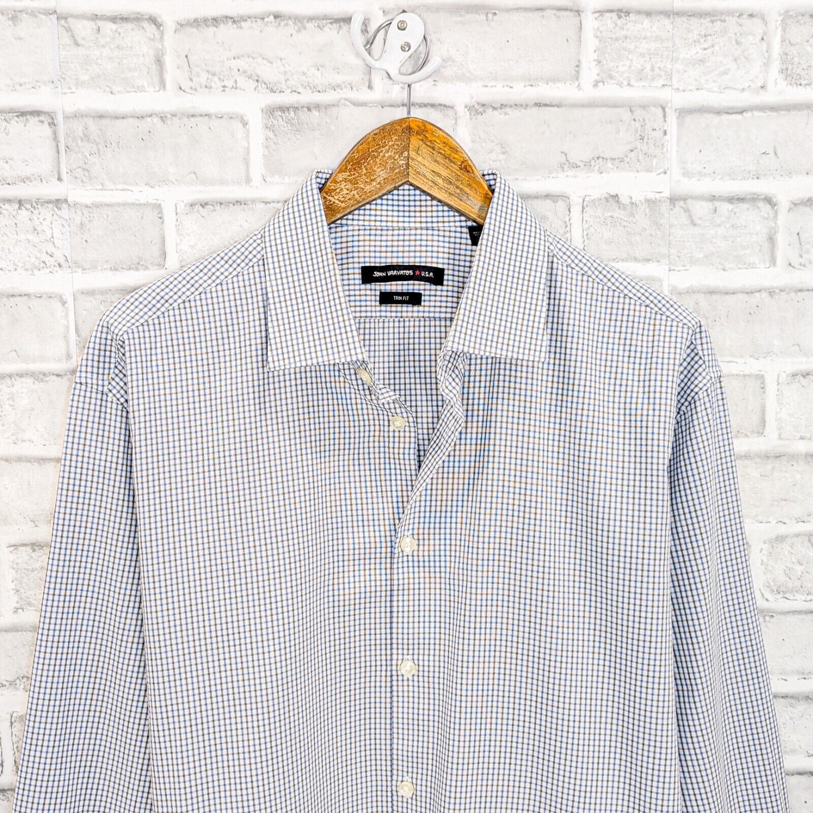 John Varvatos John Varvatos Trim Fit Button up Dress Shirt Gray Blue grid Size US XL / EU 56 / 4 - 5 Thumbnail