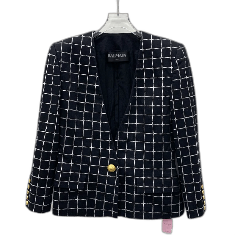 Balmain Balmain Black Checkered Cotton Blazer V-Neck Size M / US 6-8 / IT 42-44 - 1 Thumbnail