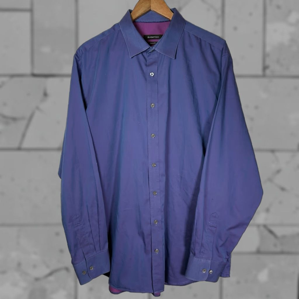 BUGATCHI BUGATCHI Classic Fit Blue Cotton Long Sleeve Dress Shirt Mens XL Size 46R - 1 Thumbnail