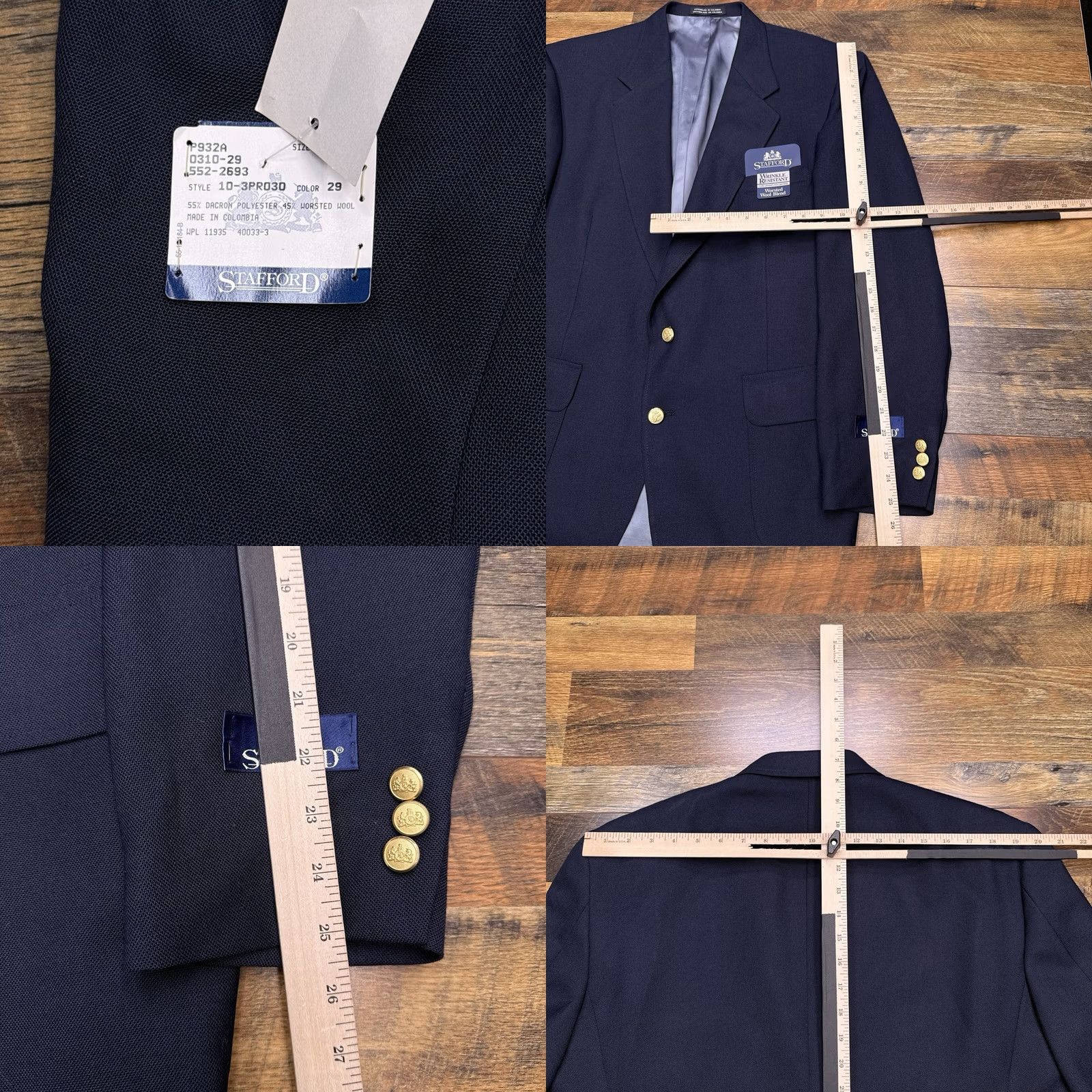 Stafford Stafford Blazer 43R Navy Wool Polyester Notch Lapel 4-Button Single-Breasted Sport Coat Men Regular Vintage No Size 46R - 9 Thumbnail