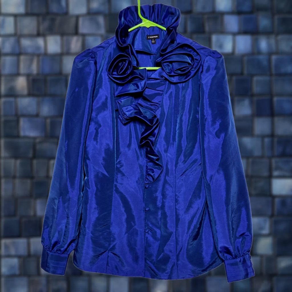 Vintage J Peterman Womens Blouse Button Up Ruffle Long Sleeve Blue Size 4 - Nylon Blend Solid Top Size S / US 4 / IT 40 - 1 Thumbnail