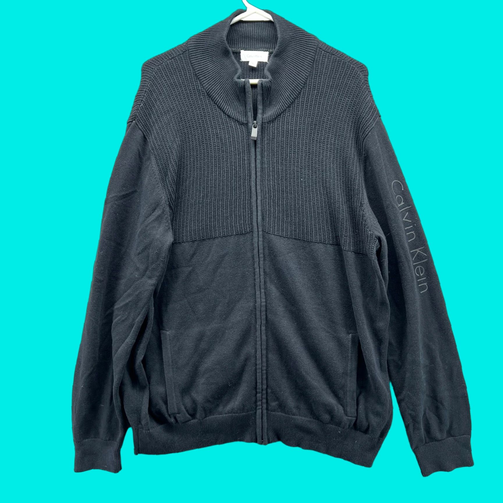 Calvin Klein VINTAGE Calvin Klein Bomber Jacket Mens Large Black Full Zip Fleece Cotton Chunky Knit Regular All Seasons Jacket Mens L Black CK Logo Vintage Size US L / EU 52-54 / 3 - 1 Thumbnail
