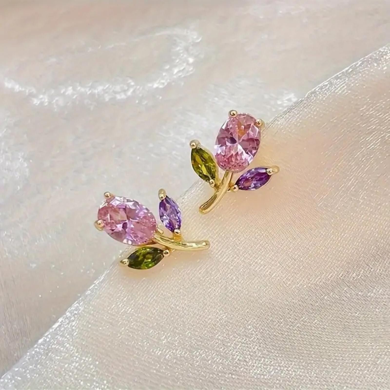 Designer EGold and Multicolor Gemstone Flower Earrings Size ONE SIZE - 1 Thumbnail