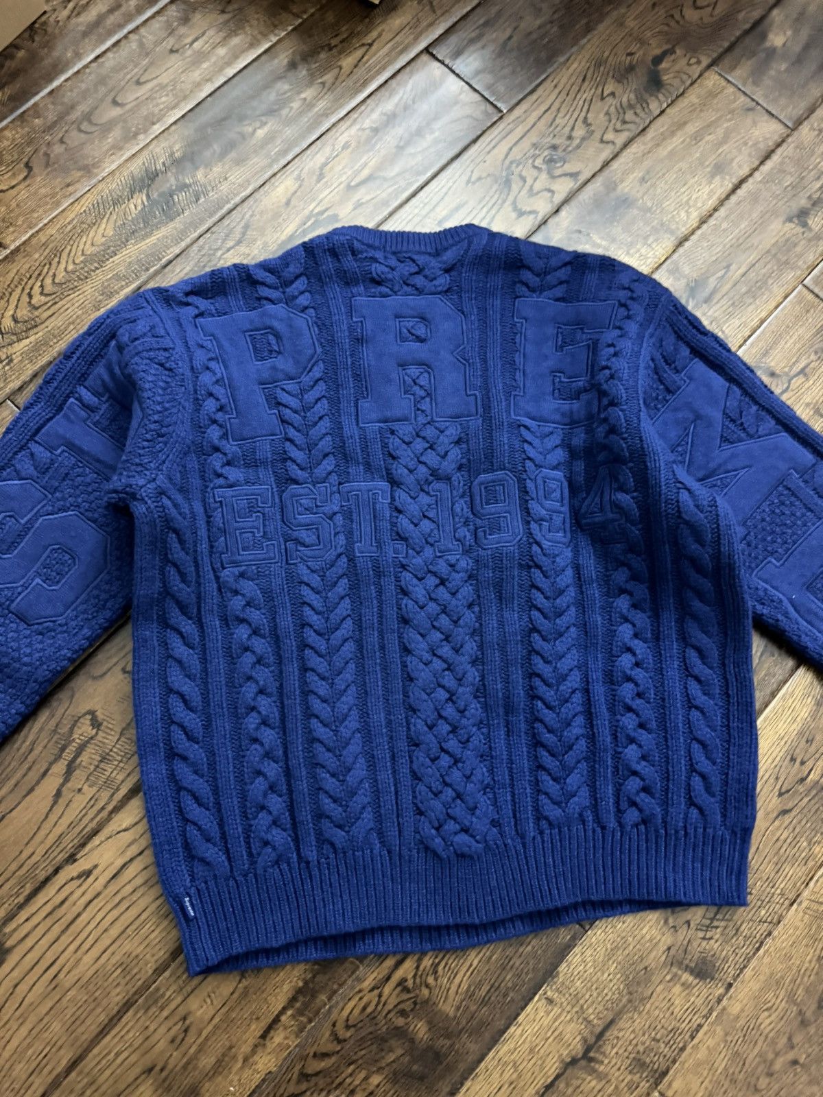 image of Supreme Cable Knit Appliqué Sweater in Navy, Men's (Size Small)