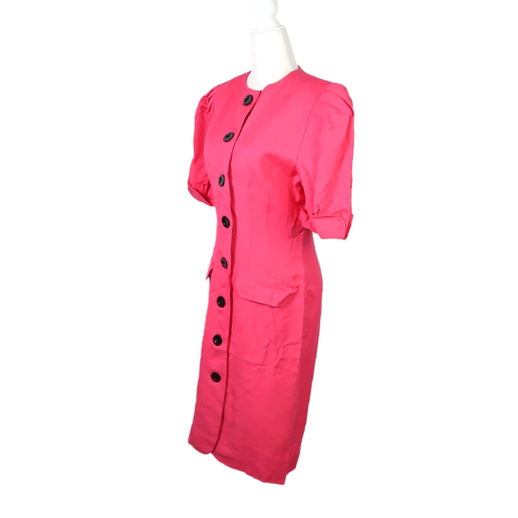 Vintage VINTAGE Nipon Boutique Pencil Dress Shirt Linen Blend Knee Length 6 Pink 80s Womens Short Puff Sleeve Button Front Size M / US 6-8 / IT 42-44 - 3 Thumbnail