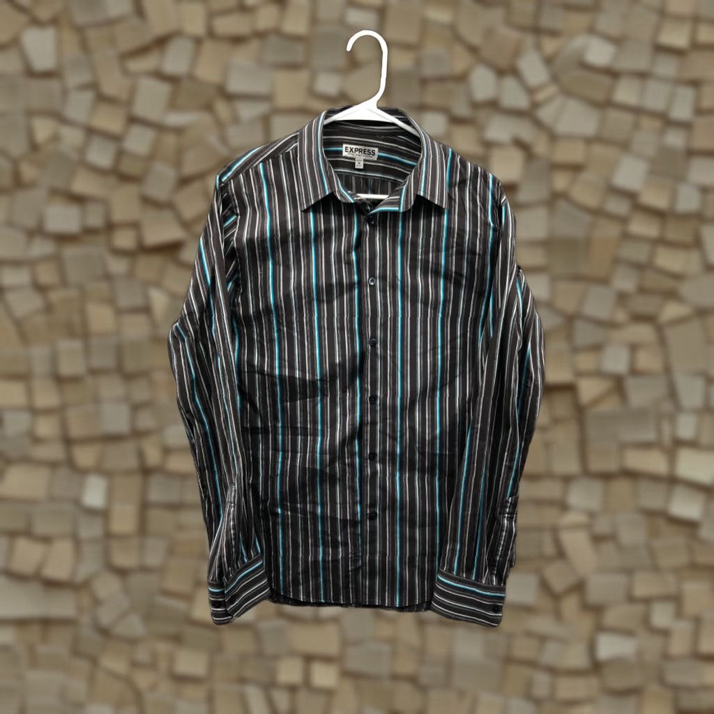 Express Express Shirt M Mens Black Striped Long Sleeve Spread Collar Shirt Size US M / EU 48-50 / 2 - 1 Thumbnail