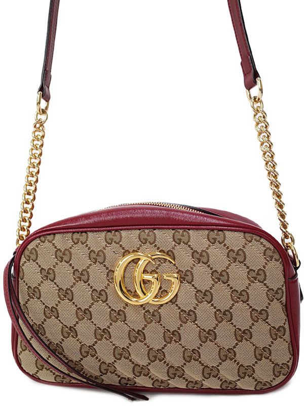 image of Gucci GG Marmont Small Shoulder Bag Beige Red in Brown, Women's