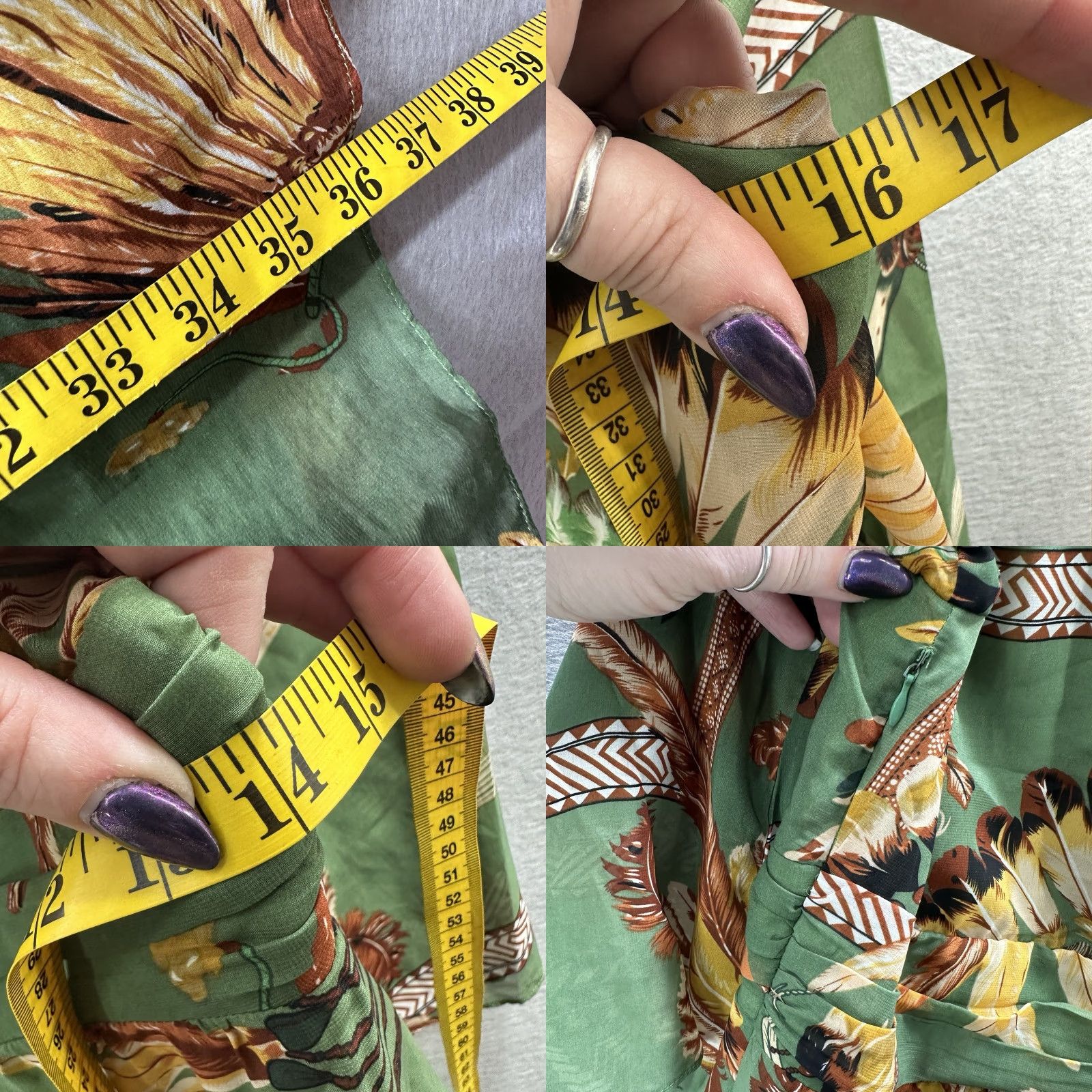 Vintage TOV Dress Womens S Green Silk Lined Feather Bohemian V-Neck Knee Length Vintage No Size S / US 4 / IT 40 - 9 Thumbnail