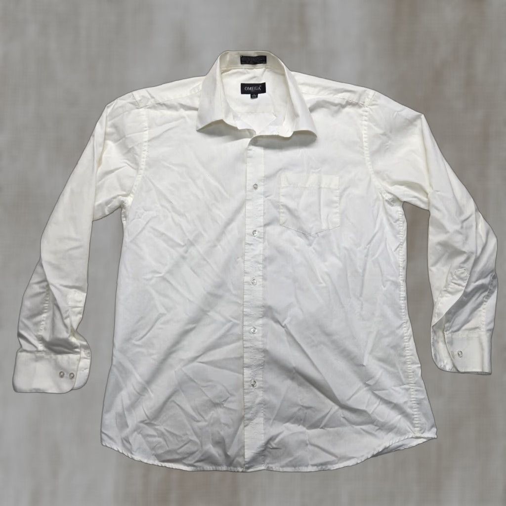 Omega VINTAGE Omega Shirt Regular White 16-16.5 L Mens Long Sleeve Dress Shirt Button Up 60/40 Cotton-Poly Convertible Cuff Size 42R - 1 Thumbnail