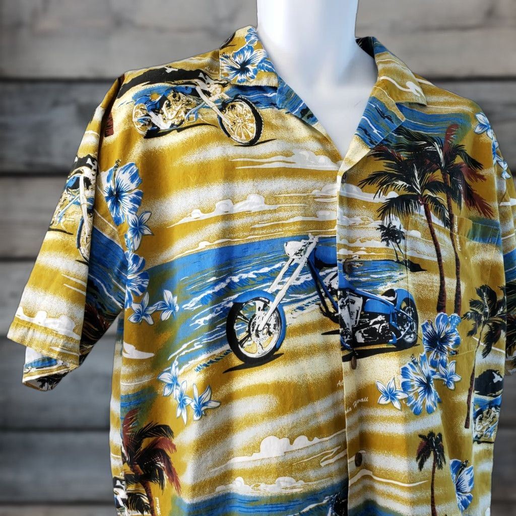 ALOHAS Aloha Fashion Mens Hawaiian Shirt Sz Large Blue Mustard Short Sleeve Button-Up Casual 90s Theme Mens Size US L / EU 52-54 / 3 - 1 Thumbnail