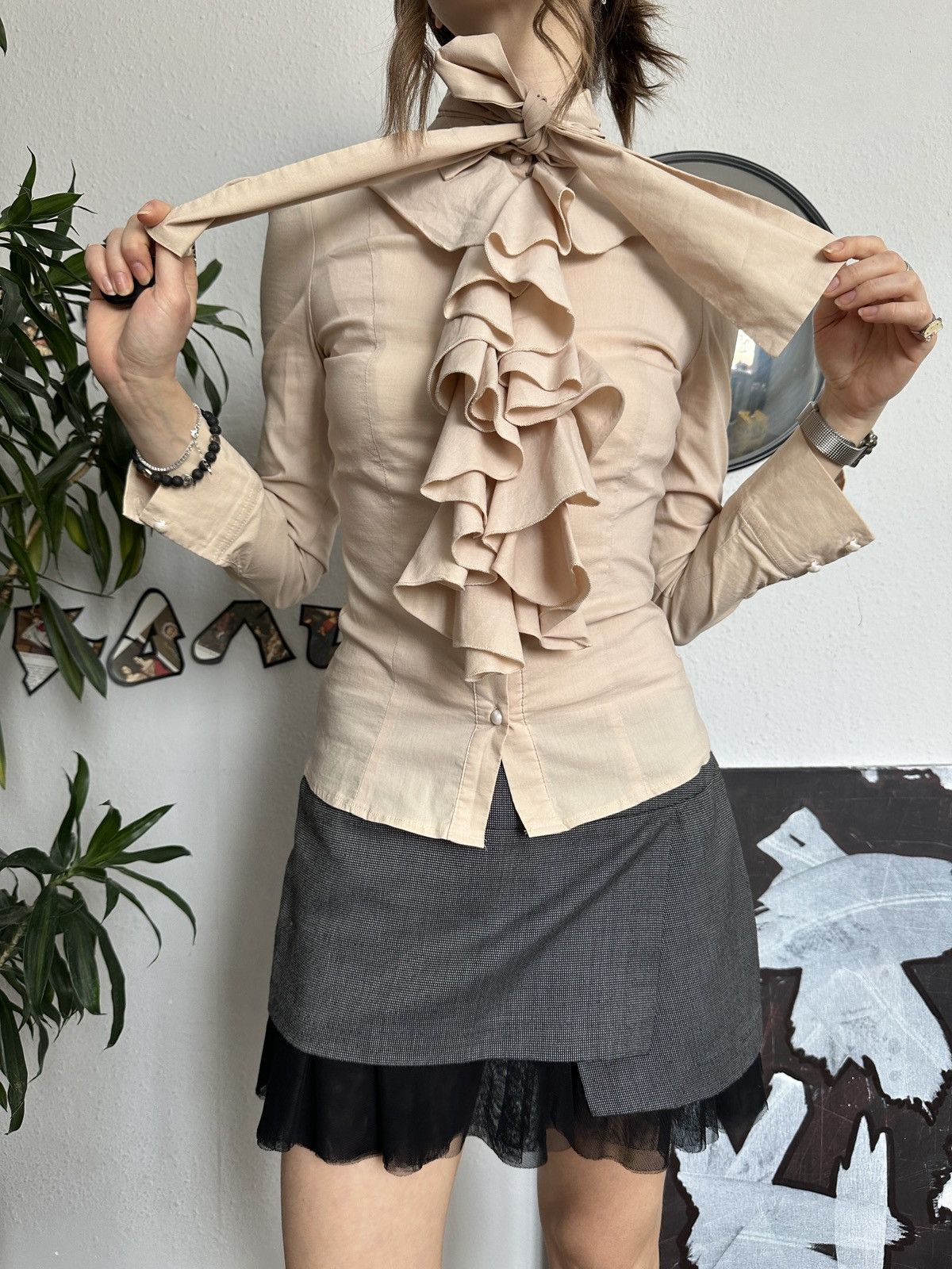 Vintage Ruffle Crinkle Blouse Voluminous Victorian Inspired Sheath Size S / US 4 / IT 40 - 3 Thumbnail