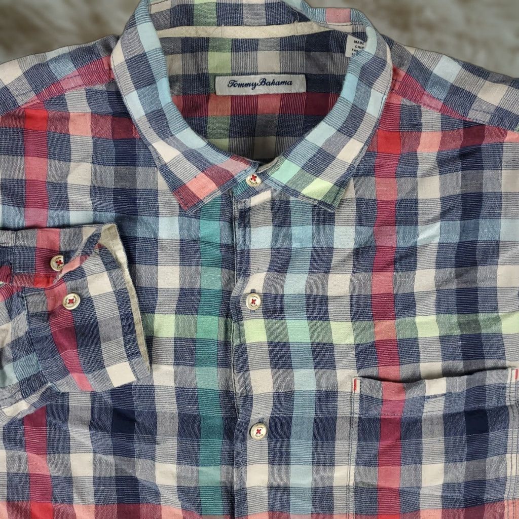 Tommy Bahama VINTAGE Tommy Bahama Shirt Mens Large Blue Linen Plaid Button-Up Long Sleeve Casual Classic Plaid Beach Modern Adult Mens Size US L / EU 52-54 / 3 - 1 Thumbnail