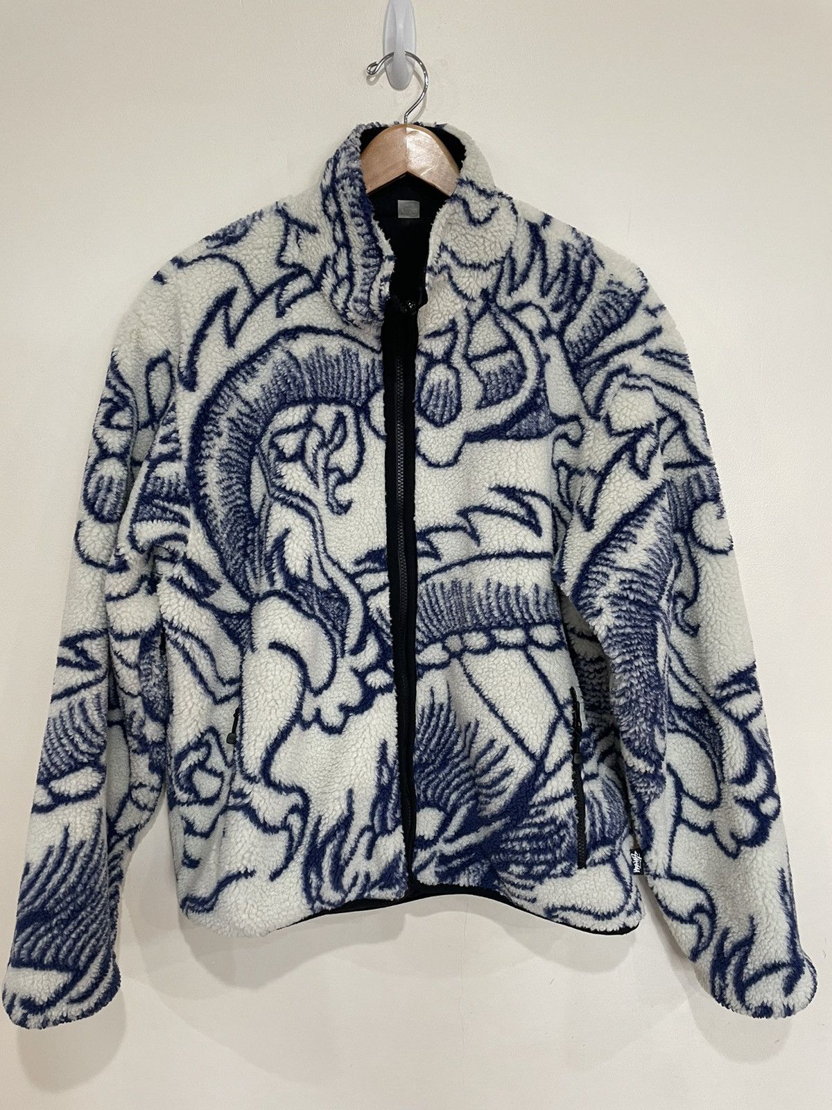 image of Stussy Dragon Sherpa Reversible Fleece Jacket Natural, Men's (Size Large)