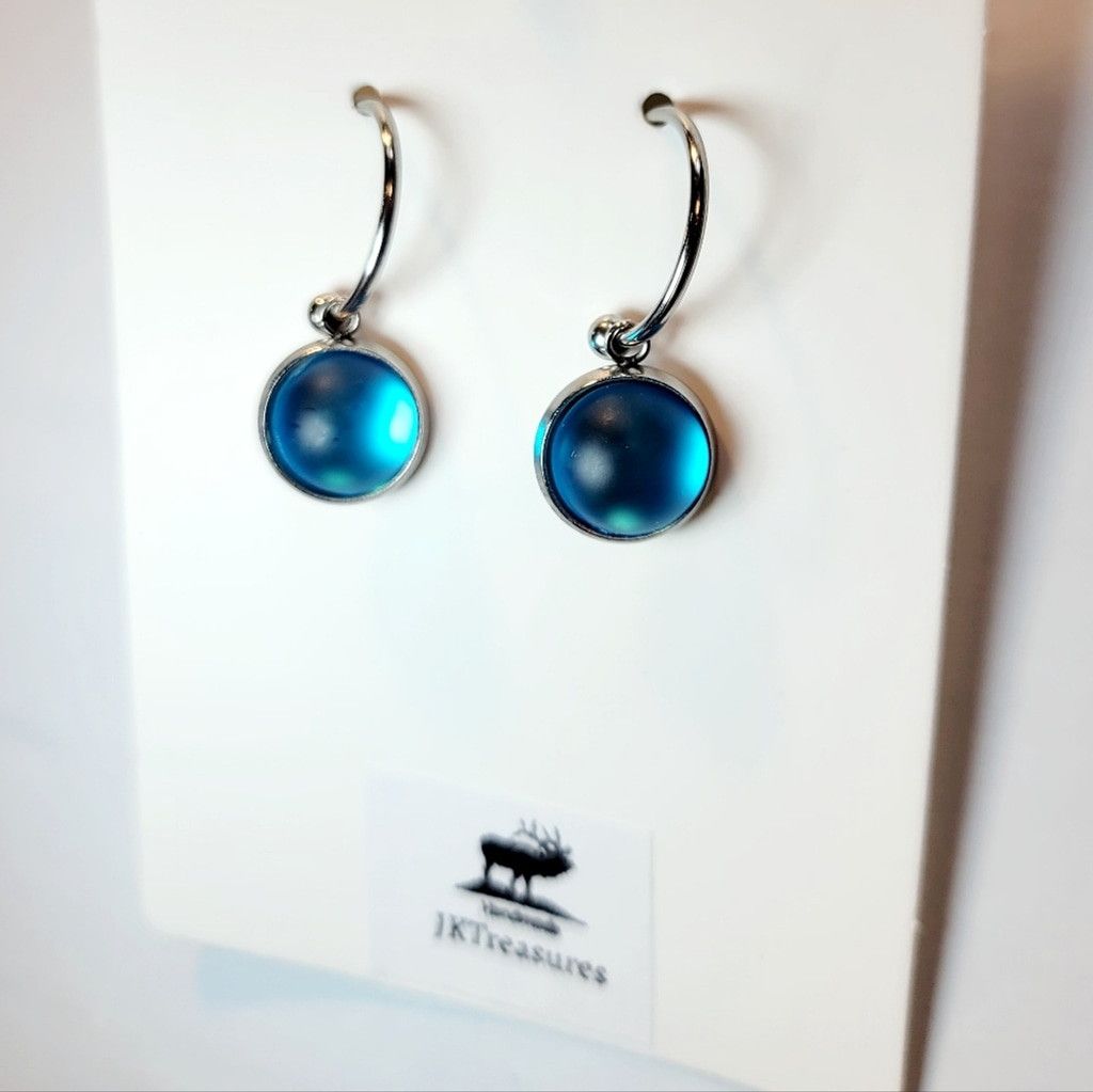 Handmade Sea Blue Crystal Sea Glass Dangle Drop Hoop Earrings Size ONE SIZE - 3 Thumbnail
