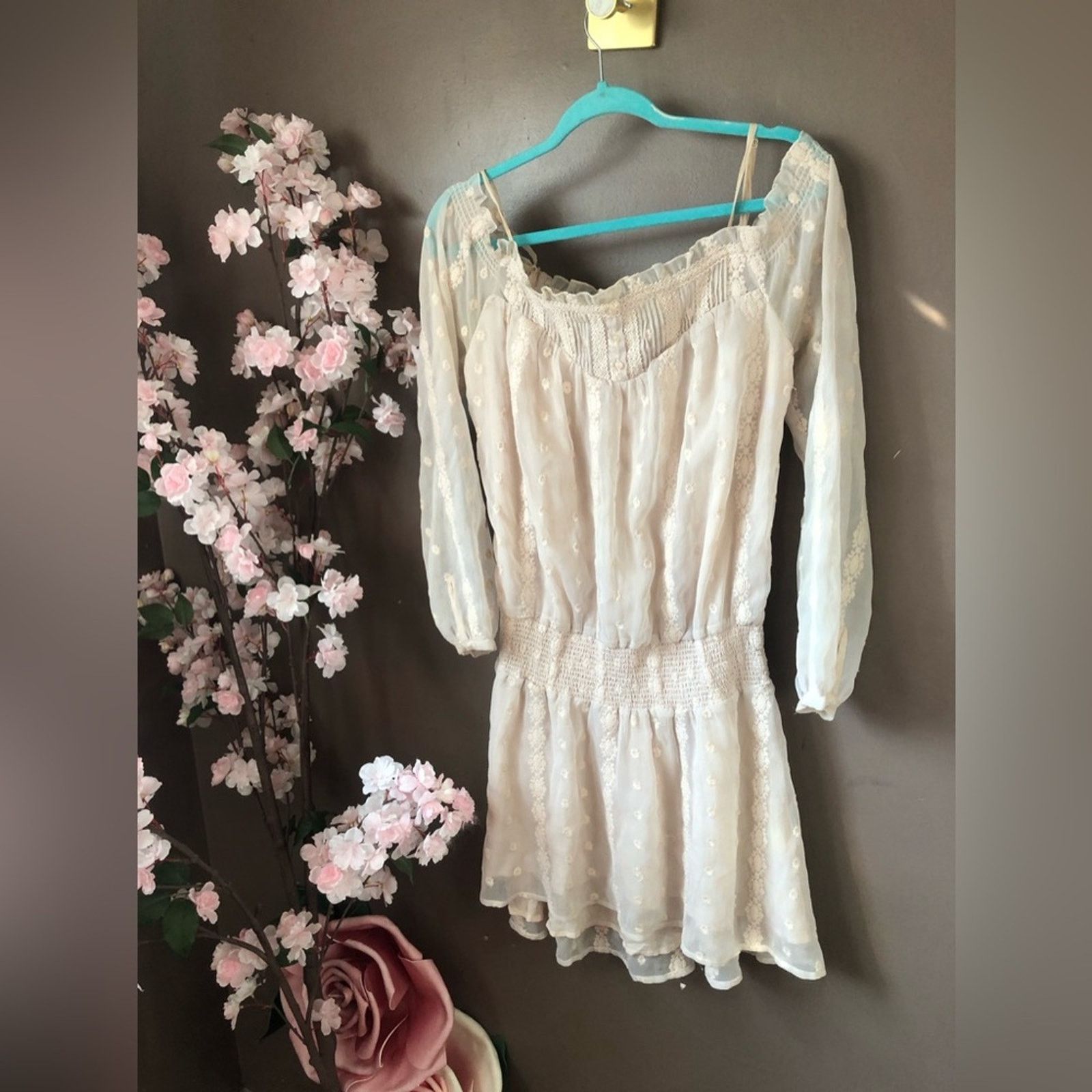 Free people lace embroidered sheer long sleeve dress.