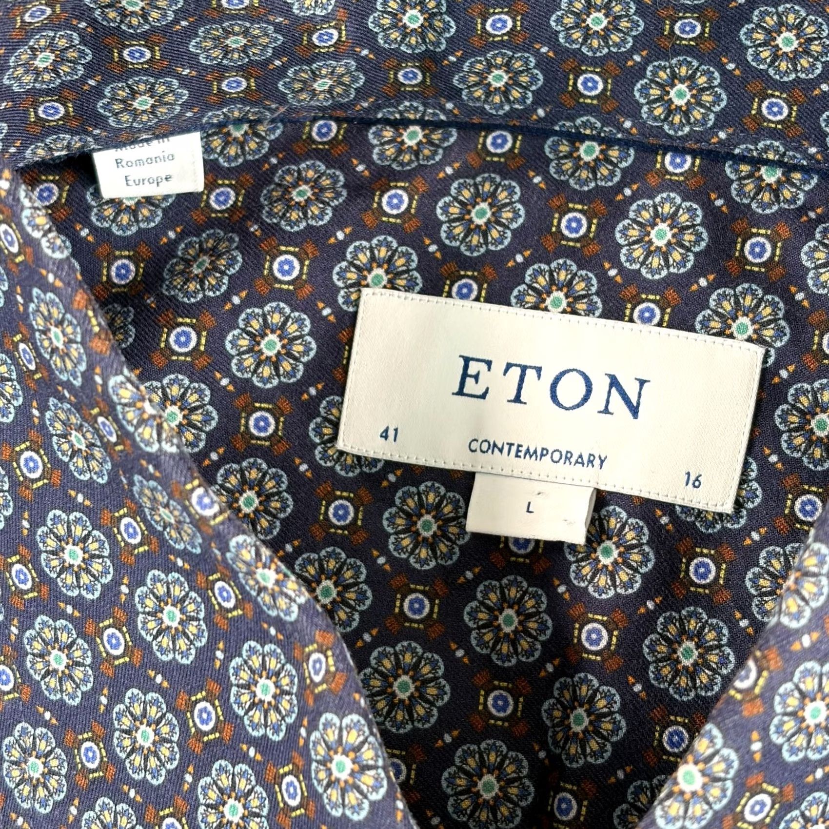 Eton ETON Dress Shirts Contemporary Men Large 41 16 Blue Floral Geometric Slim Fit Twill Shirt Size 42R - 2 Thumbnail
