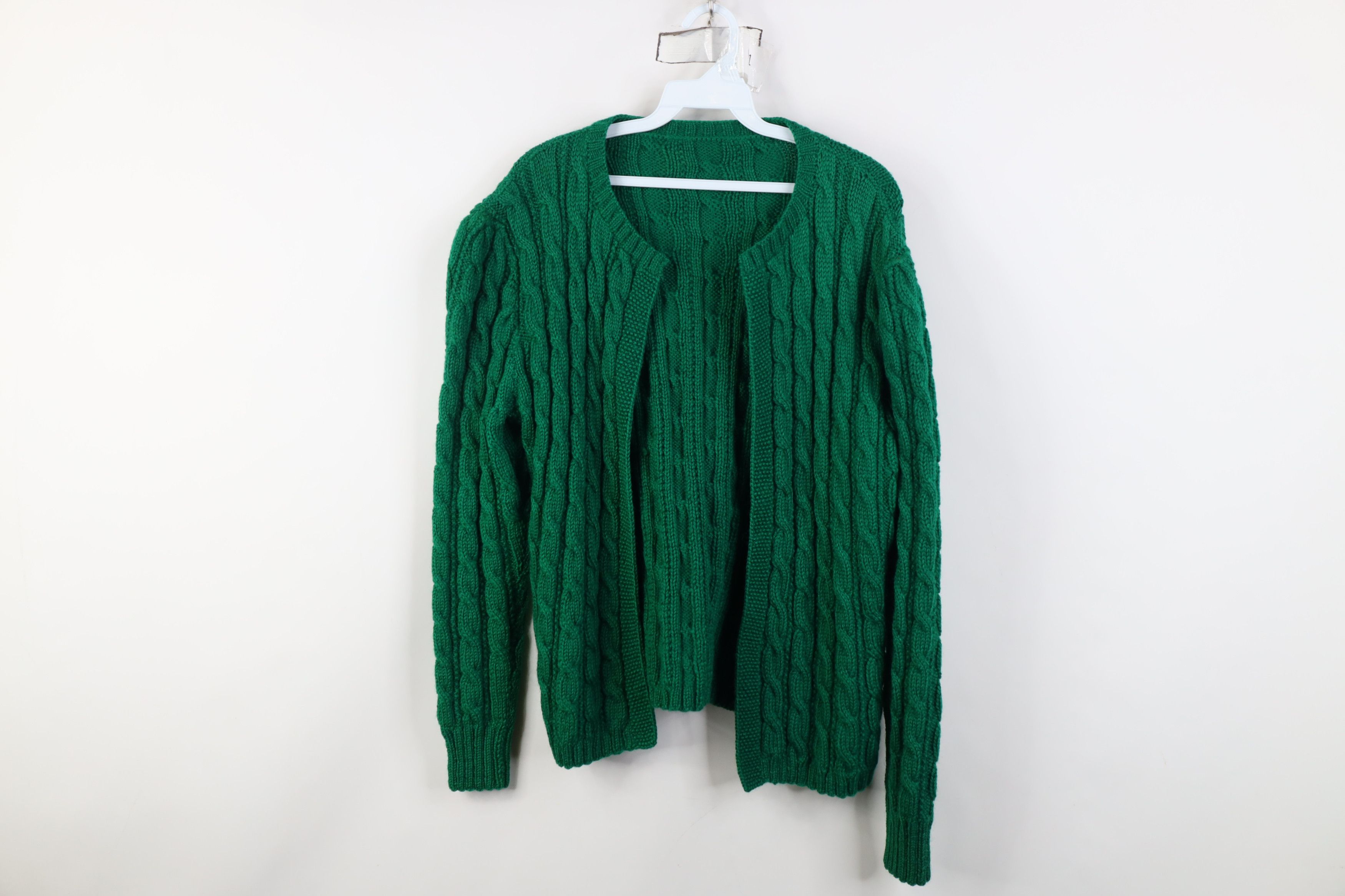 Vintage 60s Cable Knit Fisherman Open Cardigan Sweater Green