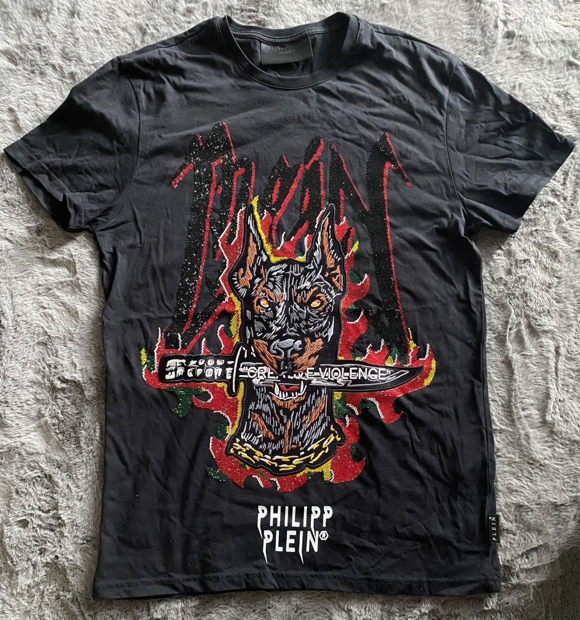 Philipp Plein Philipp Plein Designer T-Shirt – Doberman & Flames – Unique Size US L / EU 52-54 / 3 - 6 Thumbnail