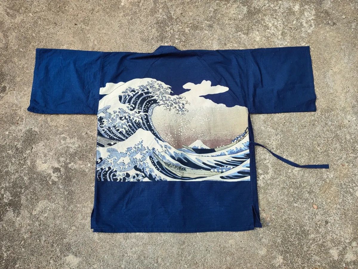 Japanese Brand Vintage Japanese Noragi Jacket Indigo Hokusai Wave Print Size US L / EU 52-54 / 3 - 1 Thumbnail