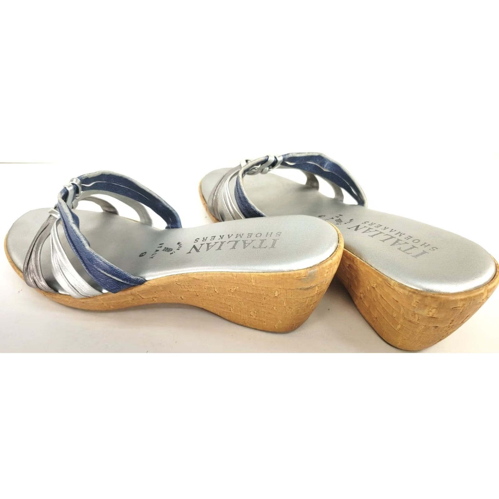 Vintage ITALIAN Shoemaker Denim Silver Wedge Slide Sandal Silver Tone Accent Sz 9 Size US 9 / IT 39 - 5 Thumbnail
