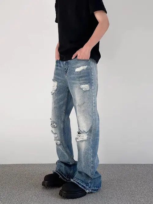 Japanese Brand Street Hip Hop Ripped Straight Leg Micro Flare Jeans Size US 34 / EU 50 - 2 Thumbnail