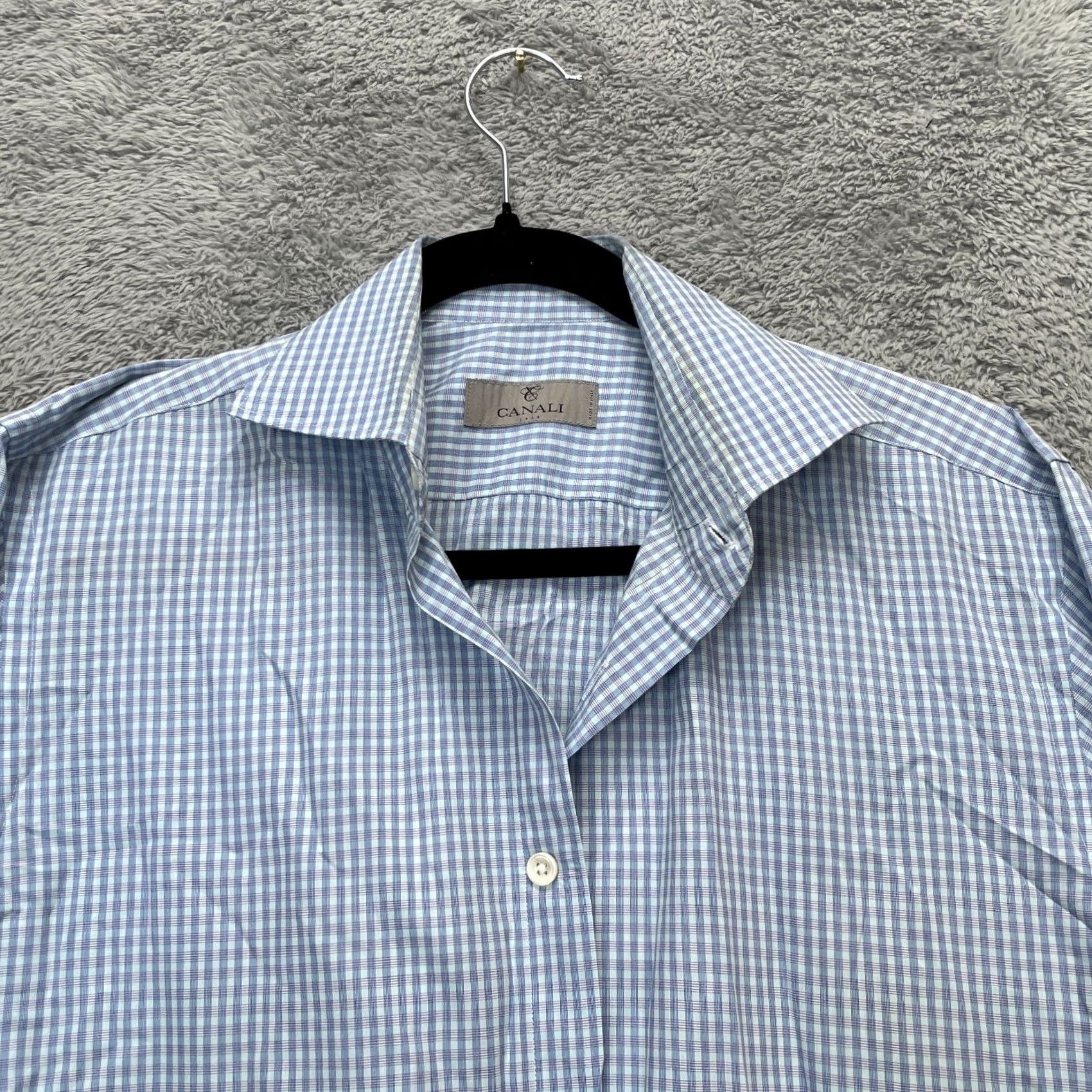 Canali Canali Shirt Mens 38 Blue Dress Tattersall Check Cotton Formal Oxford Button Up Size 38R - 3 Thumbnail