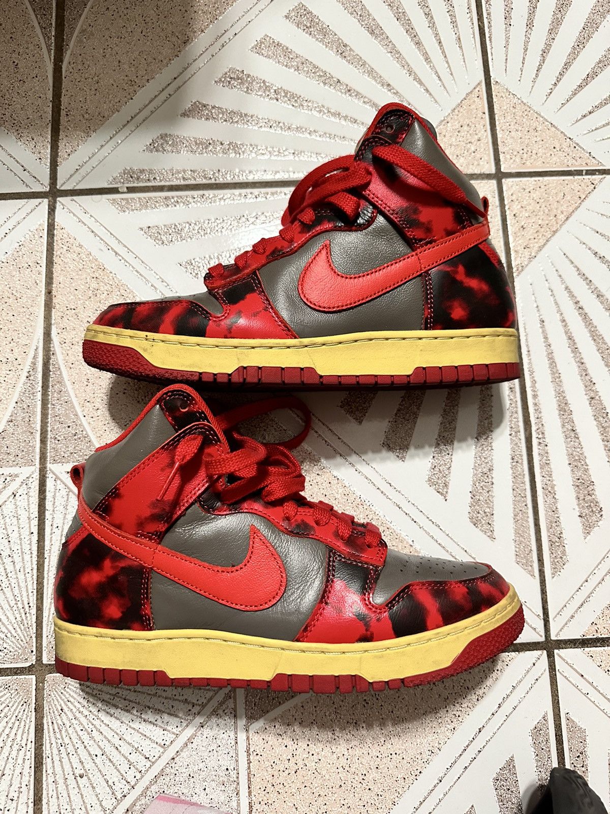 image of Nike Dunk High Acid Wash Red Shoes in Gray Red, Men's (Size 7)