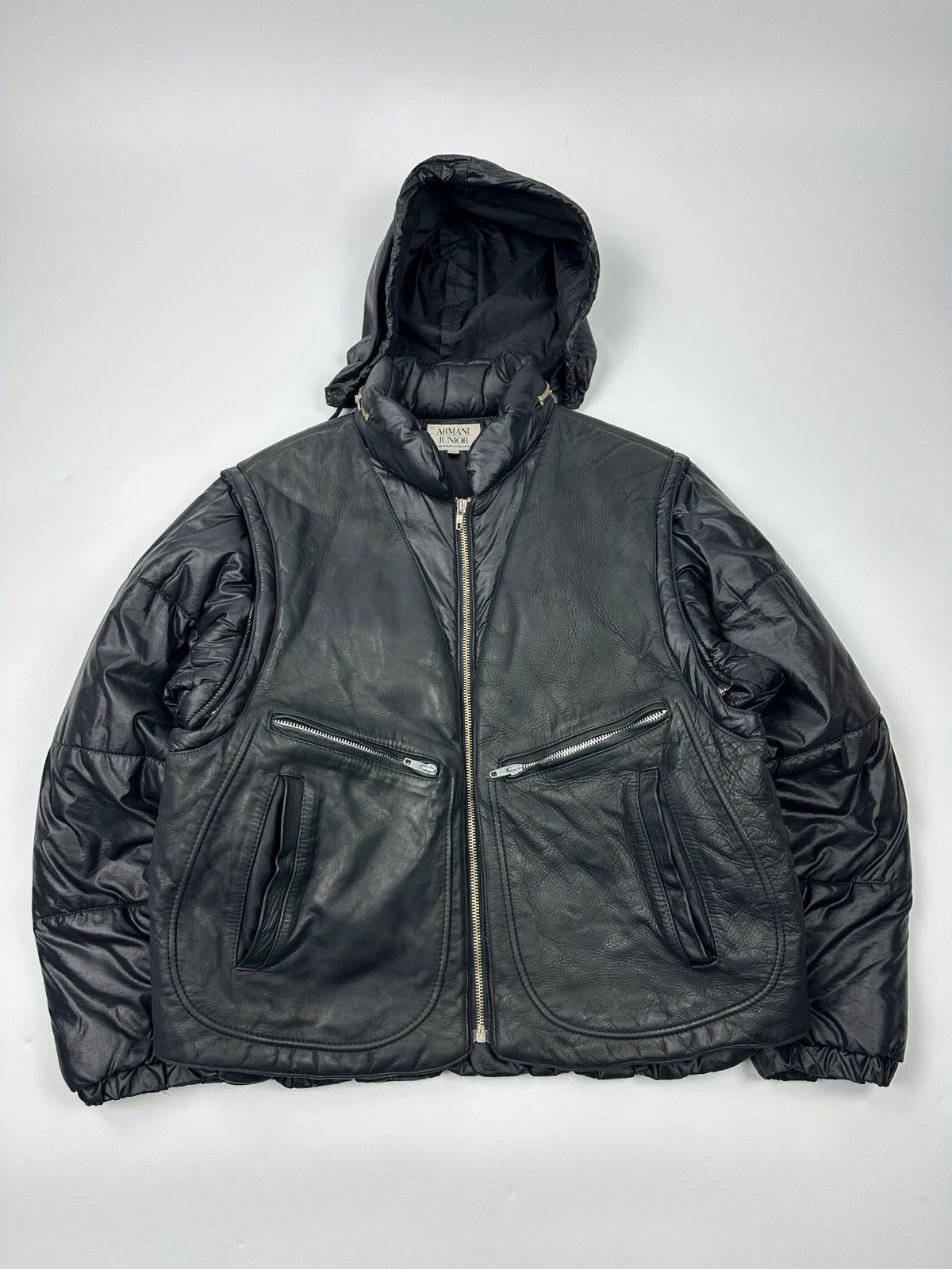 Armani Armani 90’s Black Leather & Nylon Puffer Bomber Jacket Size US M / EU 48-50 / 2 - 2 Thumbnail
