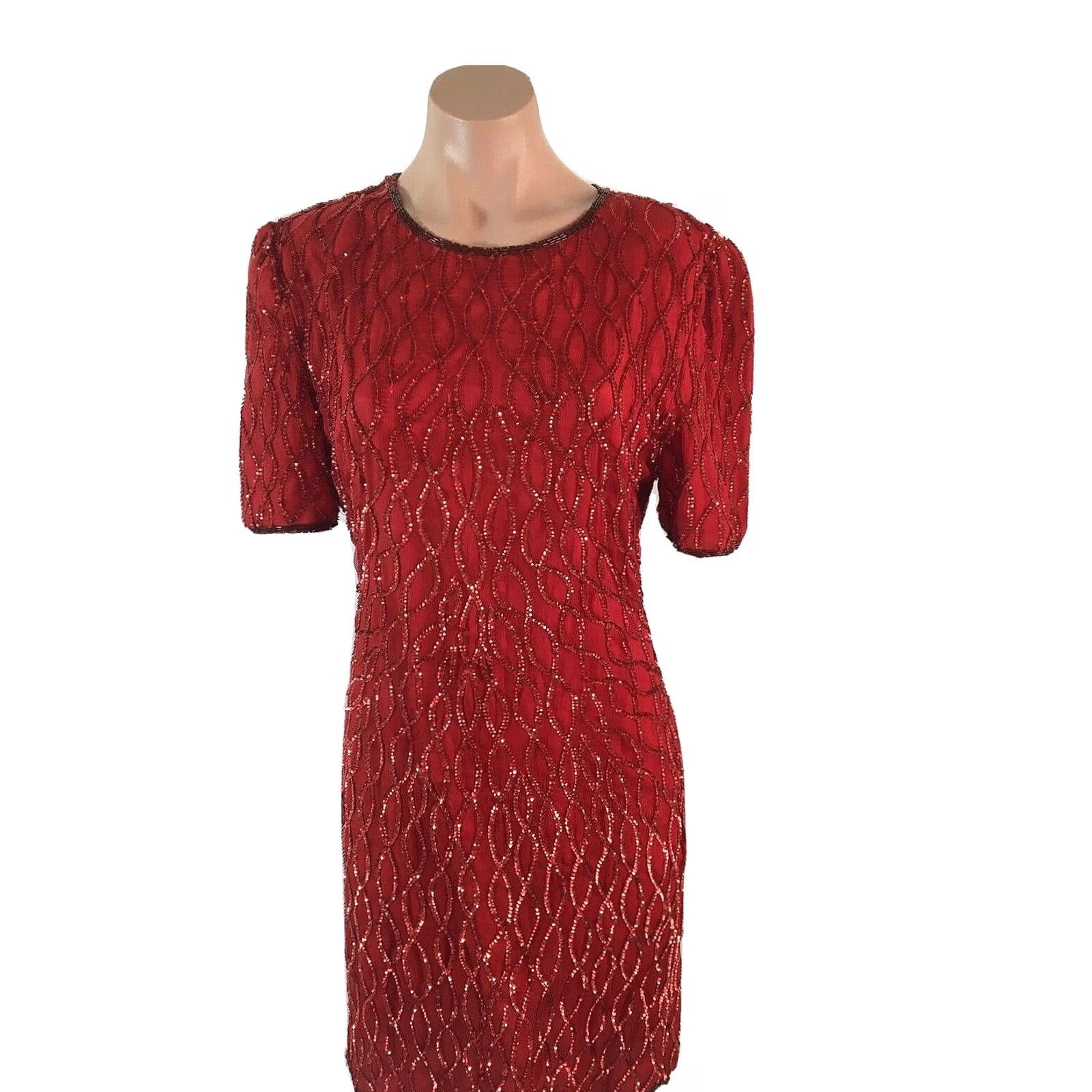 Vintage Laurence Kazar Red Sequined Silk Mini Petite Dress Beaded Trim Cocktail Party L Size L / US 10 / IT 46 - 2 Thumbnail