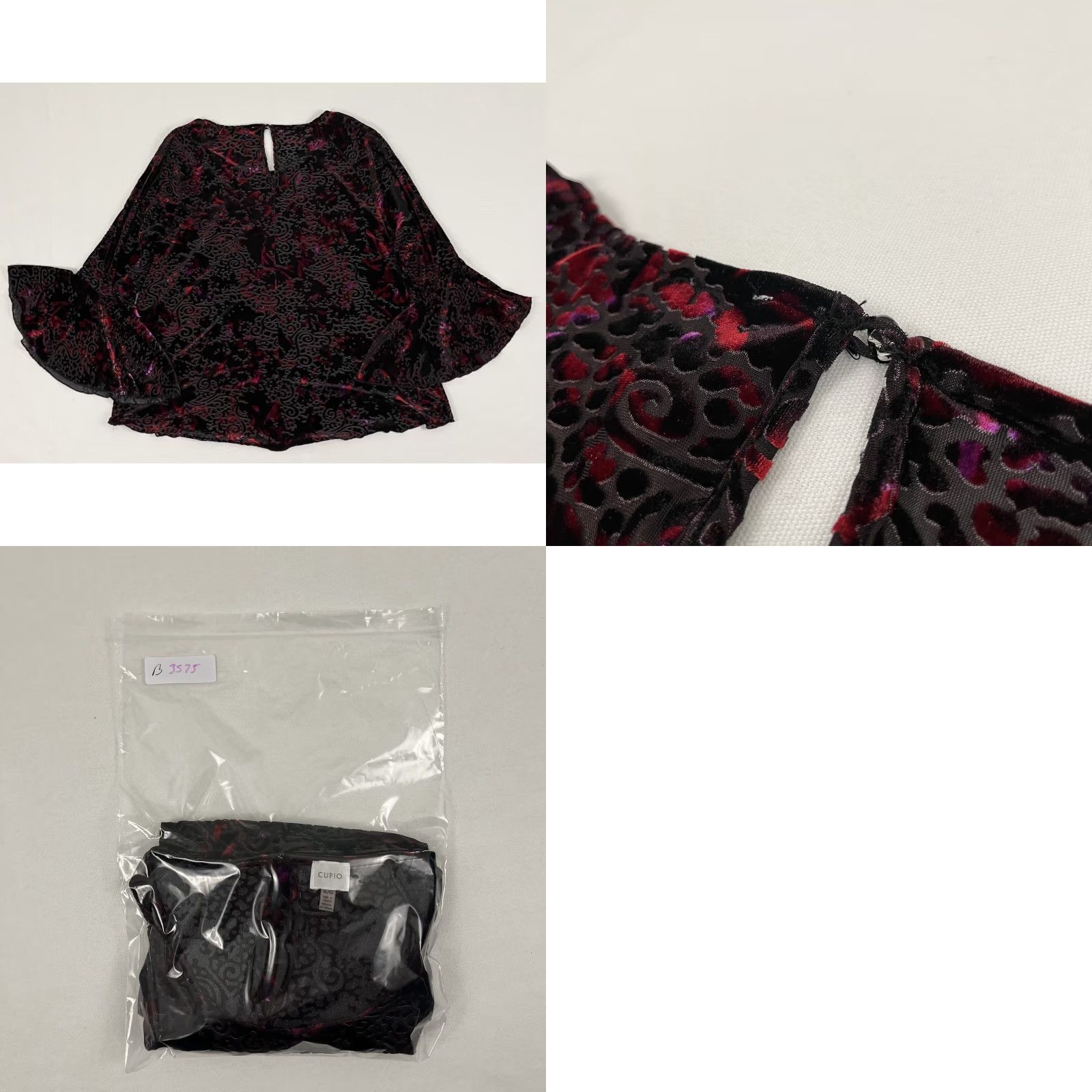 Velvet Cupio Whimsigoth Top Blouse Velvet Burnout Trumpet Sleeve XL Black Women Long Sleeve Knit & Floral Pattern | Regular Fit, Round Neck, Machine Washable Size XL / US 12-14 / IT 48-50 - 8 Thumbnail