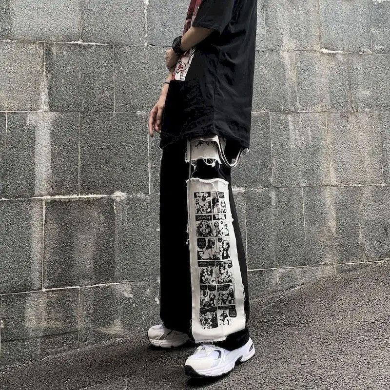image of Vintage Gothic Punk Cargo Pants Anime Patch Pants in Black, Men's (Size 29)