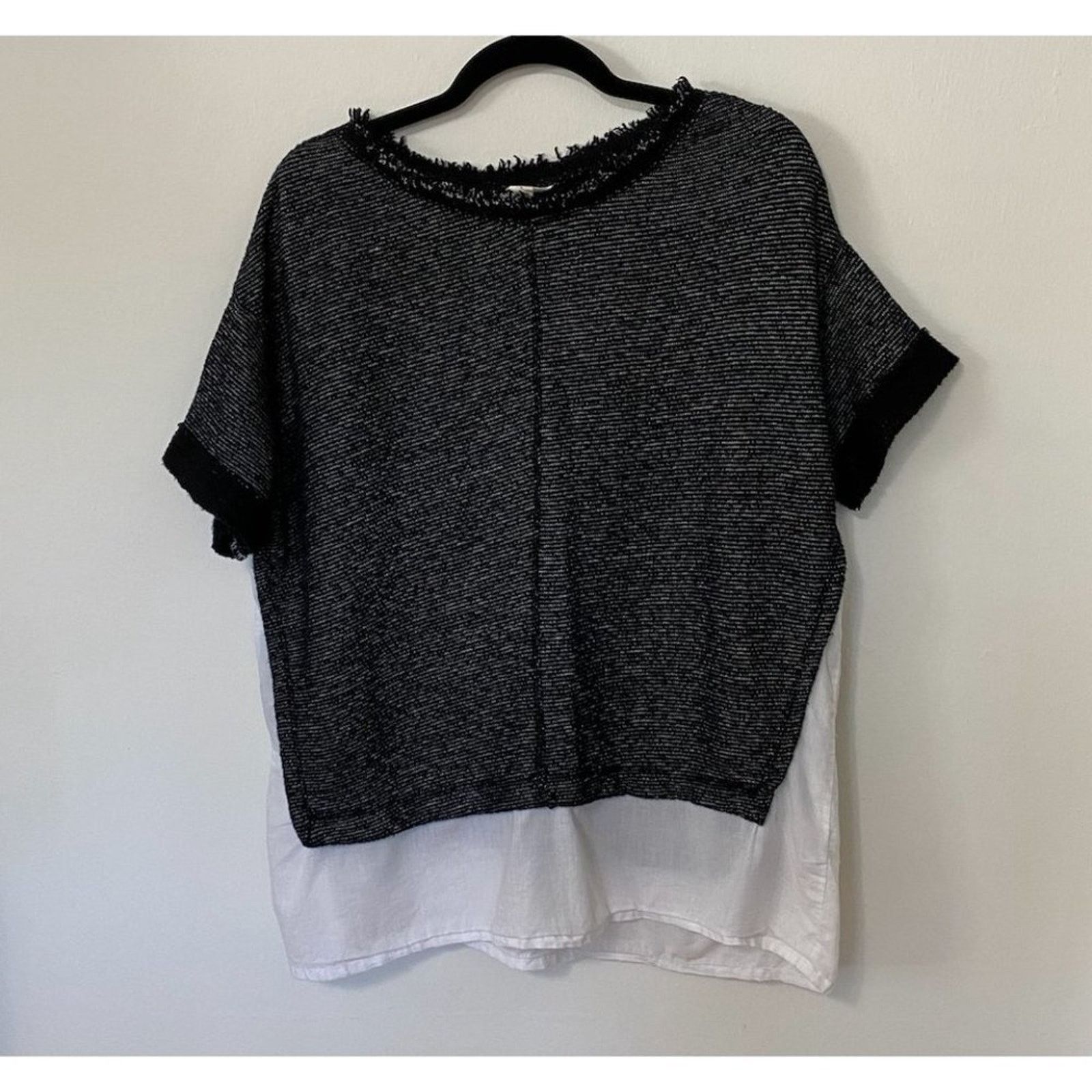 Other Caslon Black White Crewneck Woven Hem Stripe Texture Top M Size M / US 6-8 / IT 42-44 - 3 Thumbnail