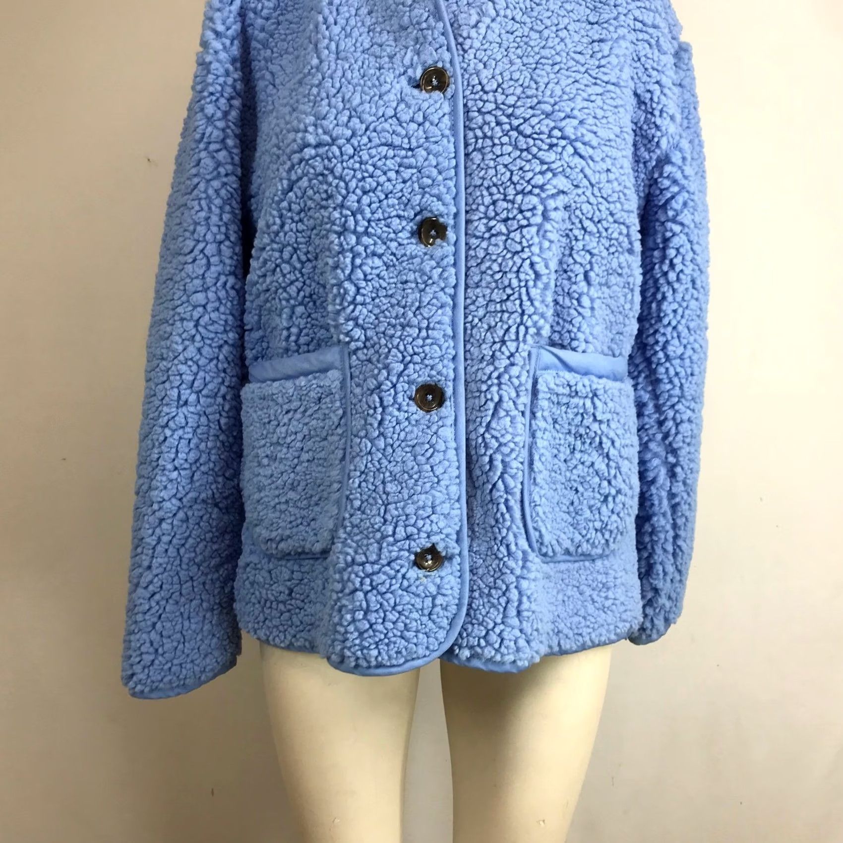 J.Crew J.Crew Womens XS Periwinkle Blue Faux Fur Sherpa Teddy Jacket Coat Button Front Front Patch Pockets Casual Fall Winter Size XS / US 0-2 / IT 36-38 - 3 Thumbnail