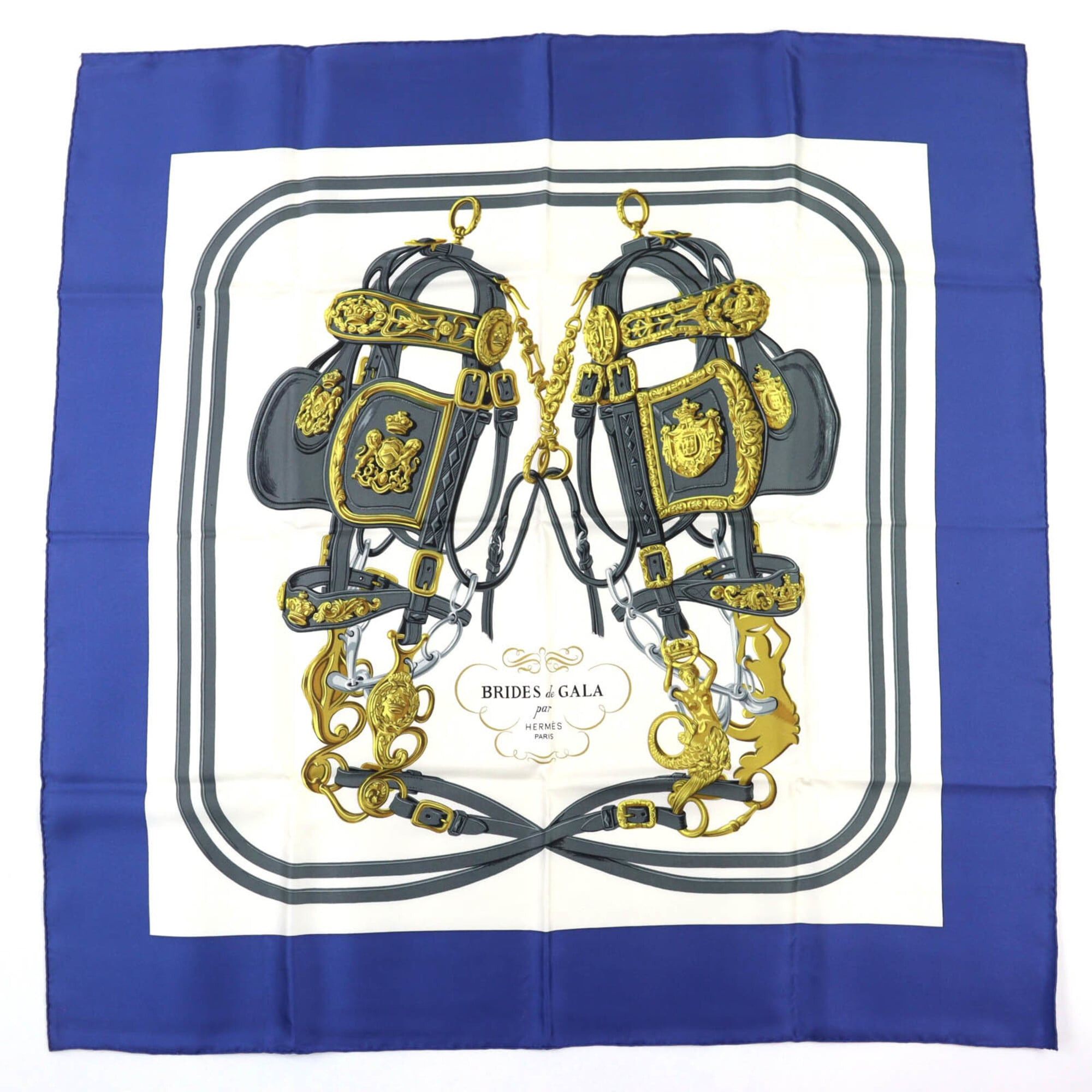 Hermes HERMES Carre 90 BRIDES de GALA (Ceremonial Horse Bridle) 100% Silk Scarf/Muffler - Blue & White Made in France Women's Size ONE SIZE - 1 Thumbnail
