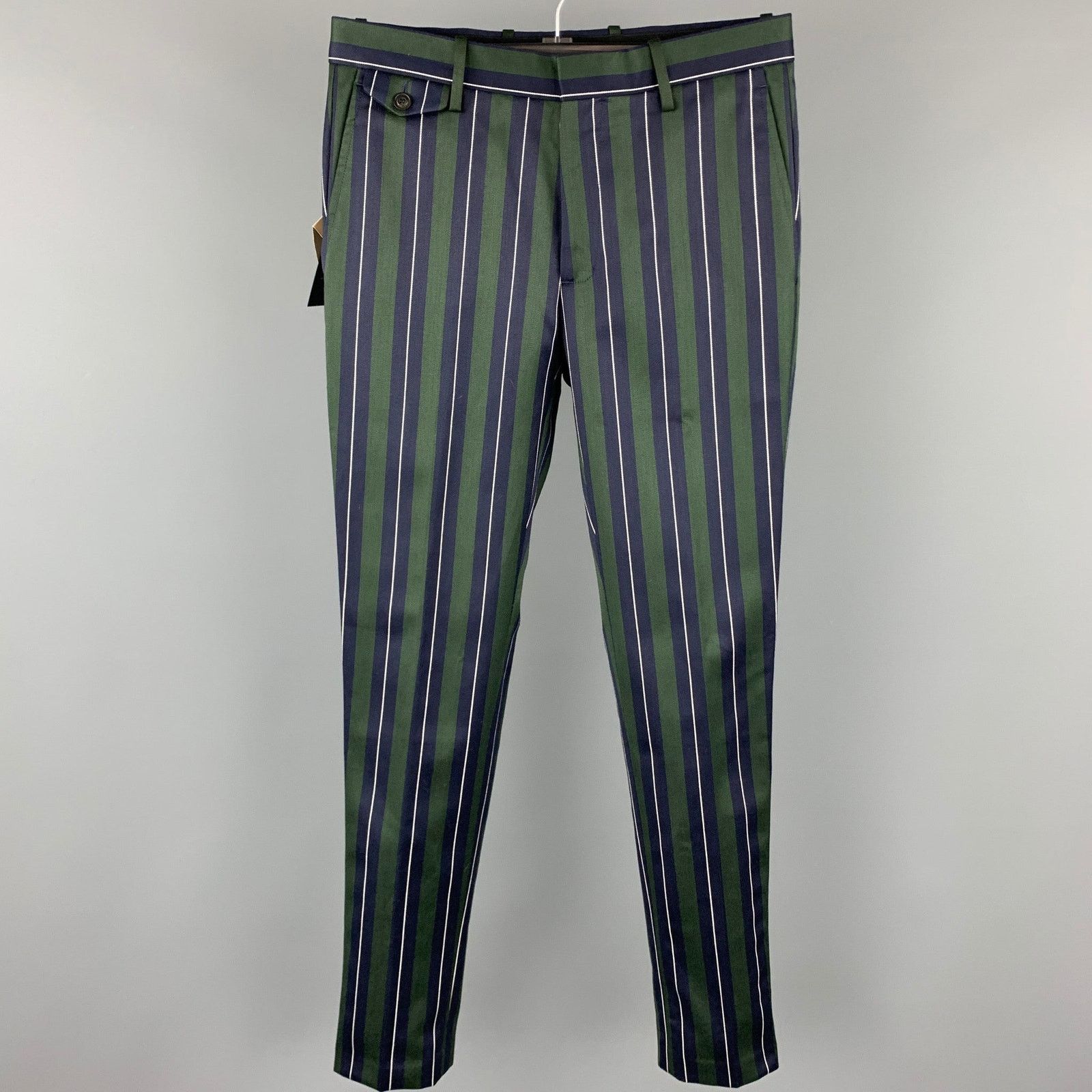 Burberry Regular Green & Navy Vertical Stripe Wool/Cotton Notch Lapel Size 36R - 5 Thumbnail