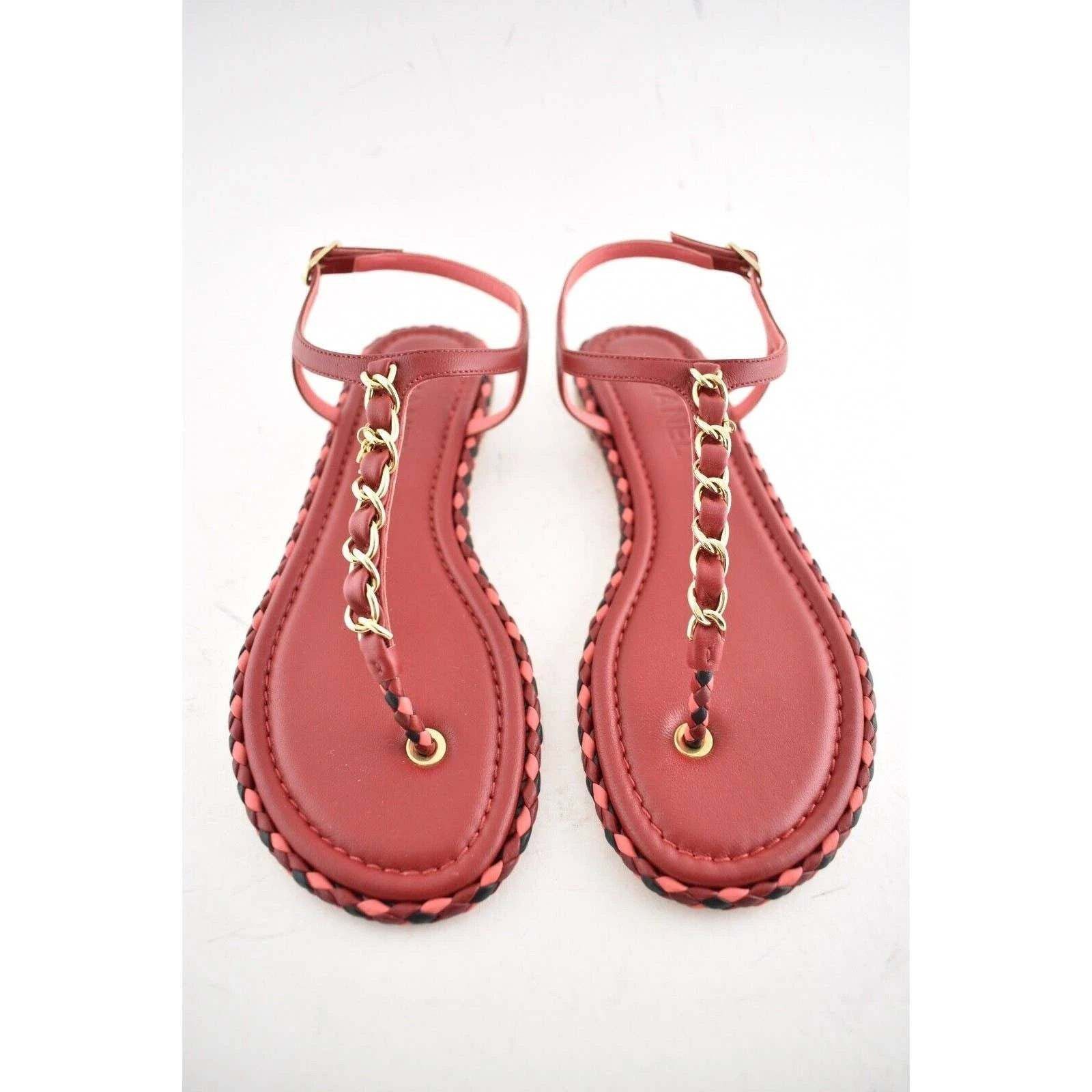 Chanel Chanel Red Braided Gold CC Logo Chain Thong Ankle Strap Size US 6 / IT 36 - 5 Thumbnail