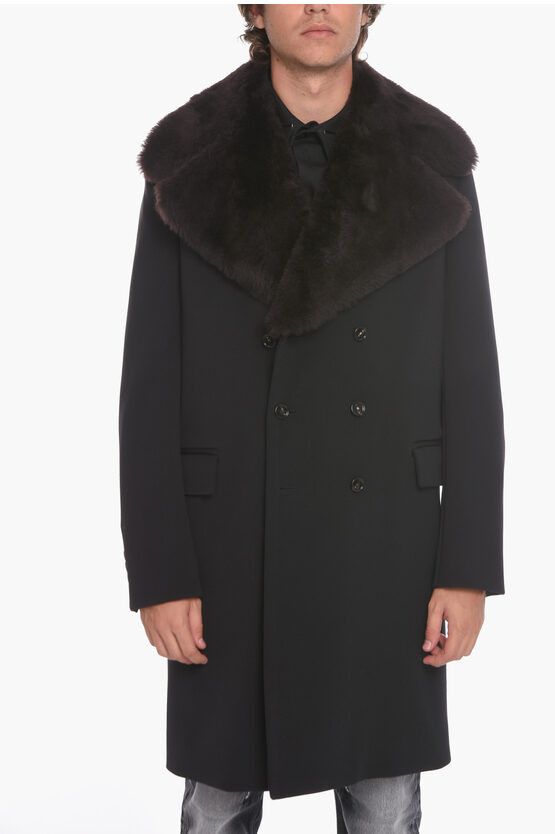 image of Bottega Veneta Wool-Cavalry Double-Breasted Coat With Removable Real-Furred in Black (Size Medium)