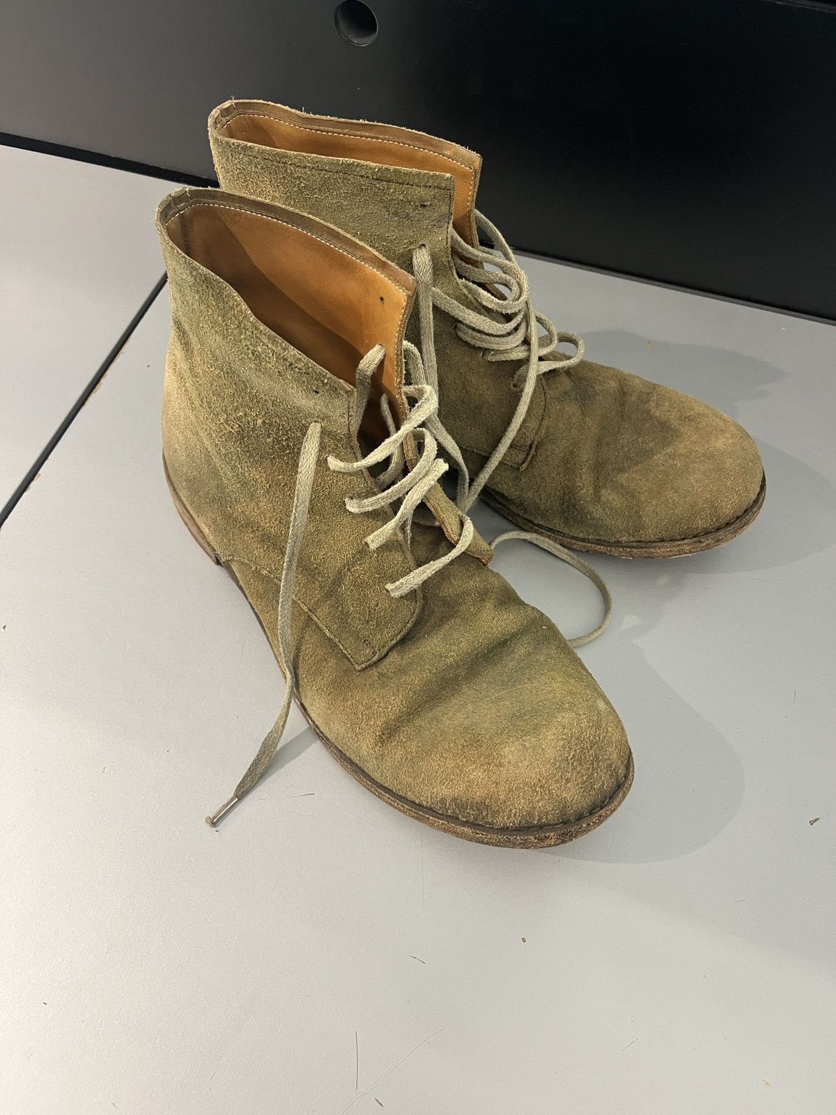 image of A Diciannoveventitre Distressed Yellow Suede Boots, Men's (Size 11)