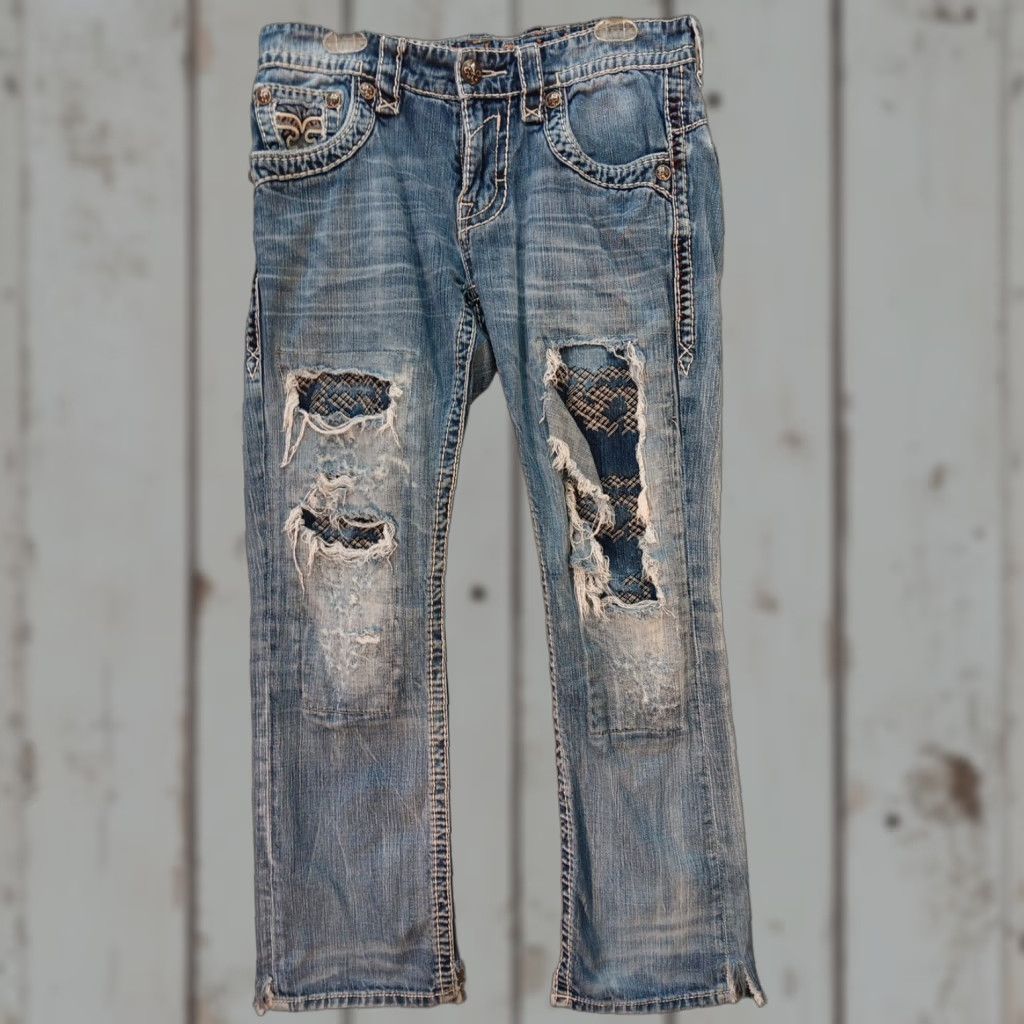 Rock Revival Tay Jeans Women’s 32×30 Slim Straight Med Wash Destroyed Distressed