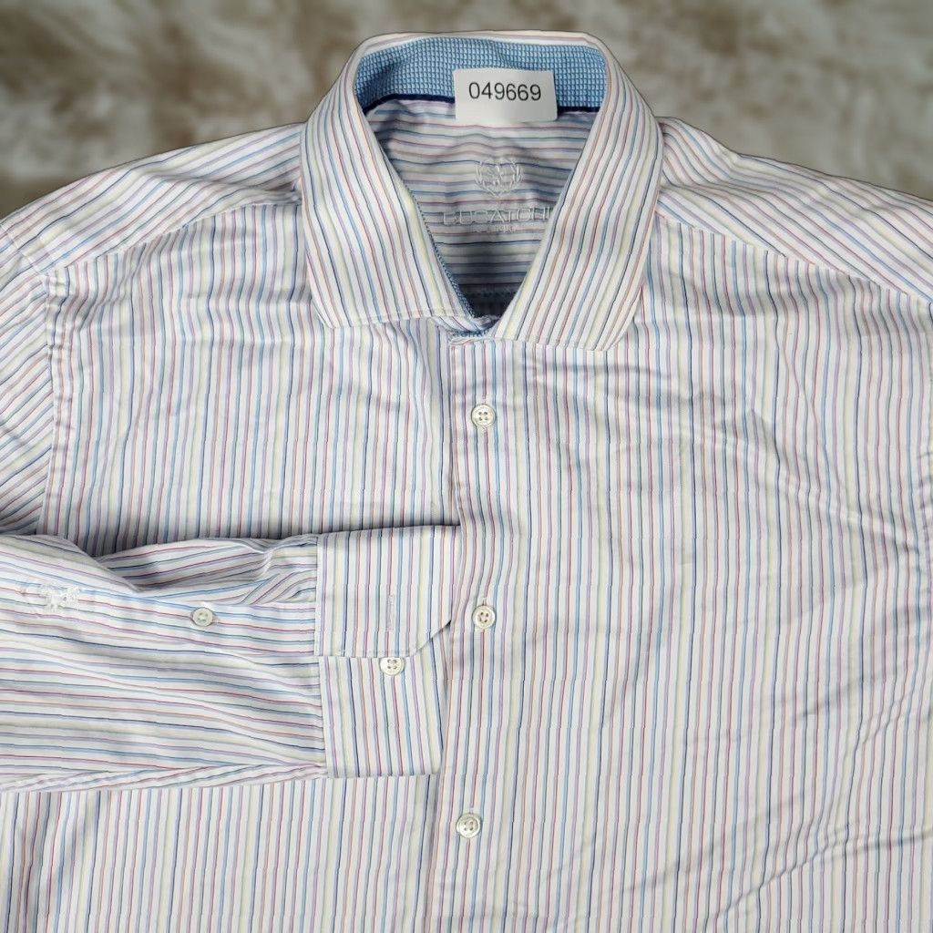 BUGATCHI Bugatchi Uomo Shirt Mens 17.5 Blue White Striped Dress Button Up Long Sleeve Size 46R - 1 Thumbnail