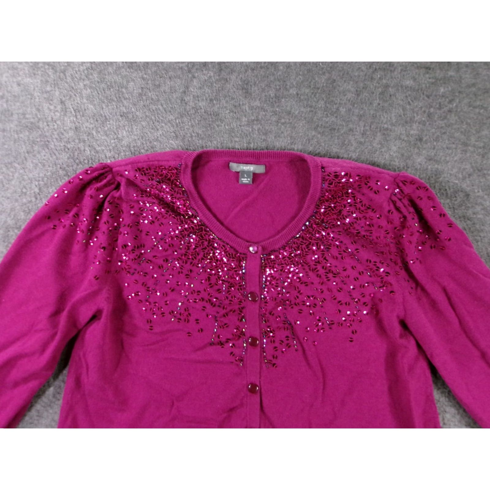 Vintage Apt9 Cardigan Womens L Sequined Embellished Button Front Crew Neck Magenta Size L / US 10 / IT 46 - 2 Thumbnail